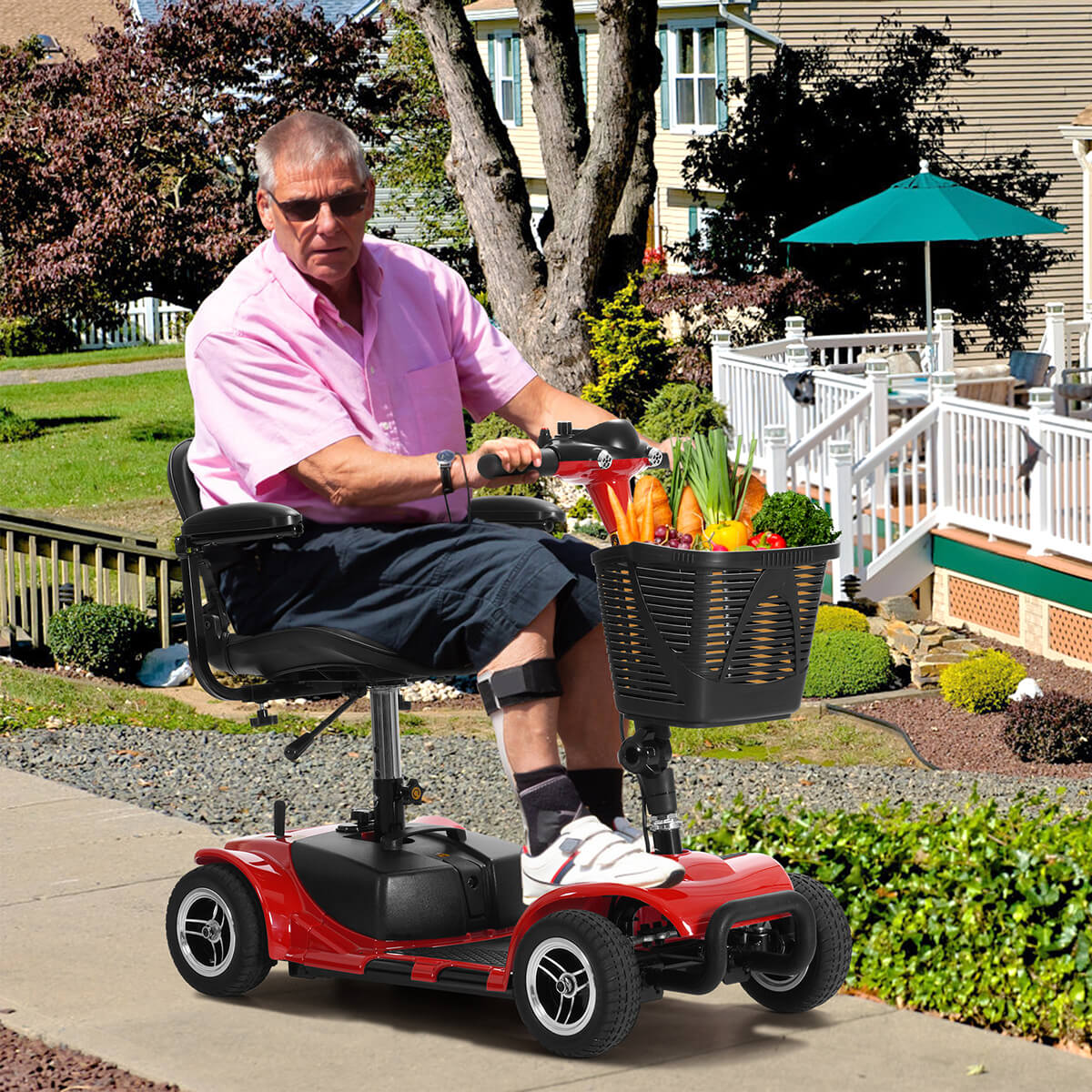 An elderly man driving a red mobility scooter down the road#Color_Red