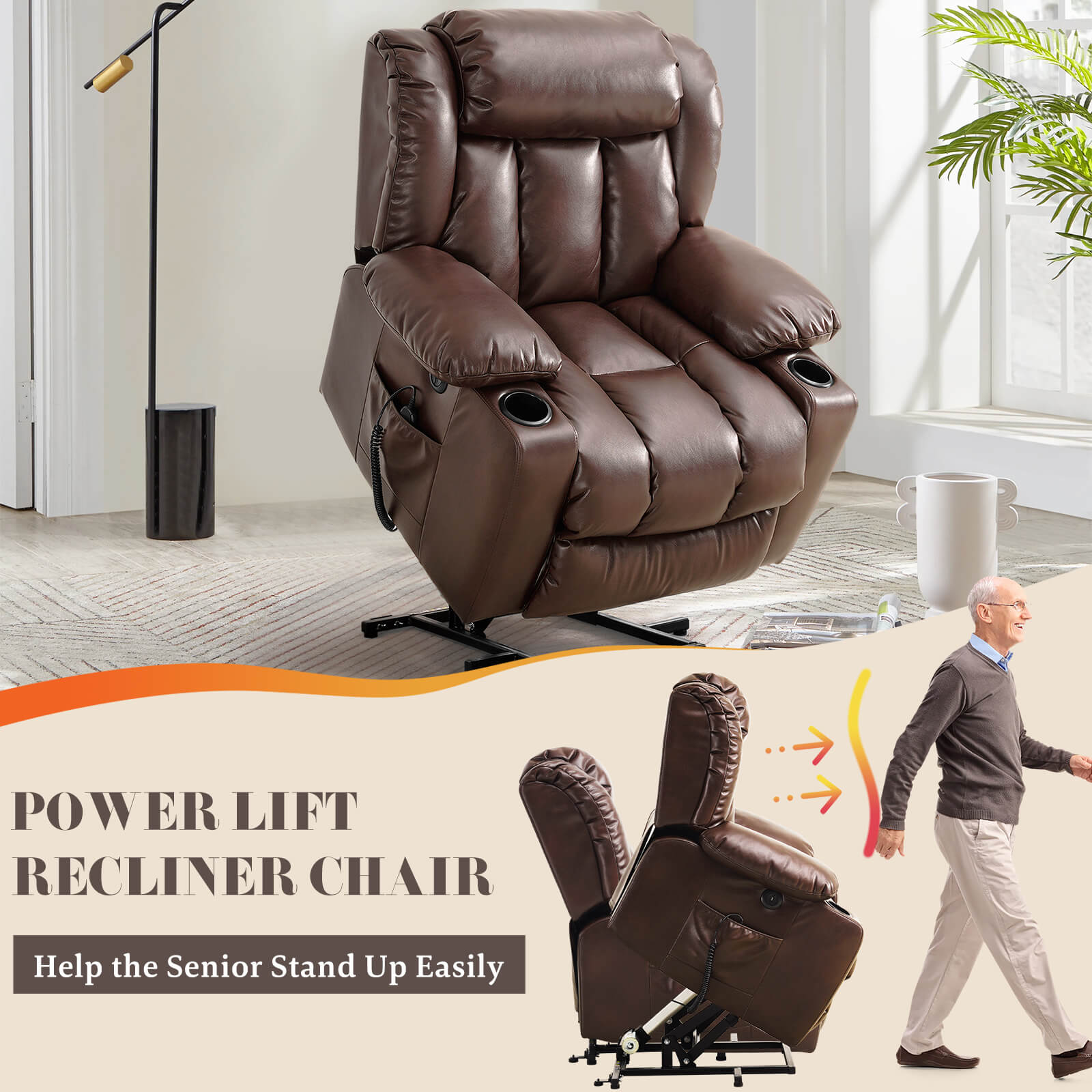 Luxury Lift Chair Recliner with Heat and Massage Brown