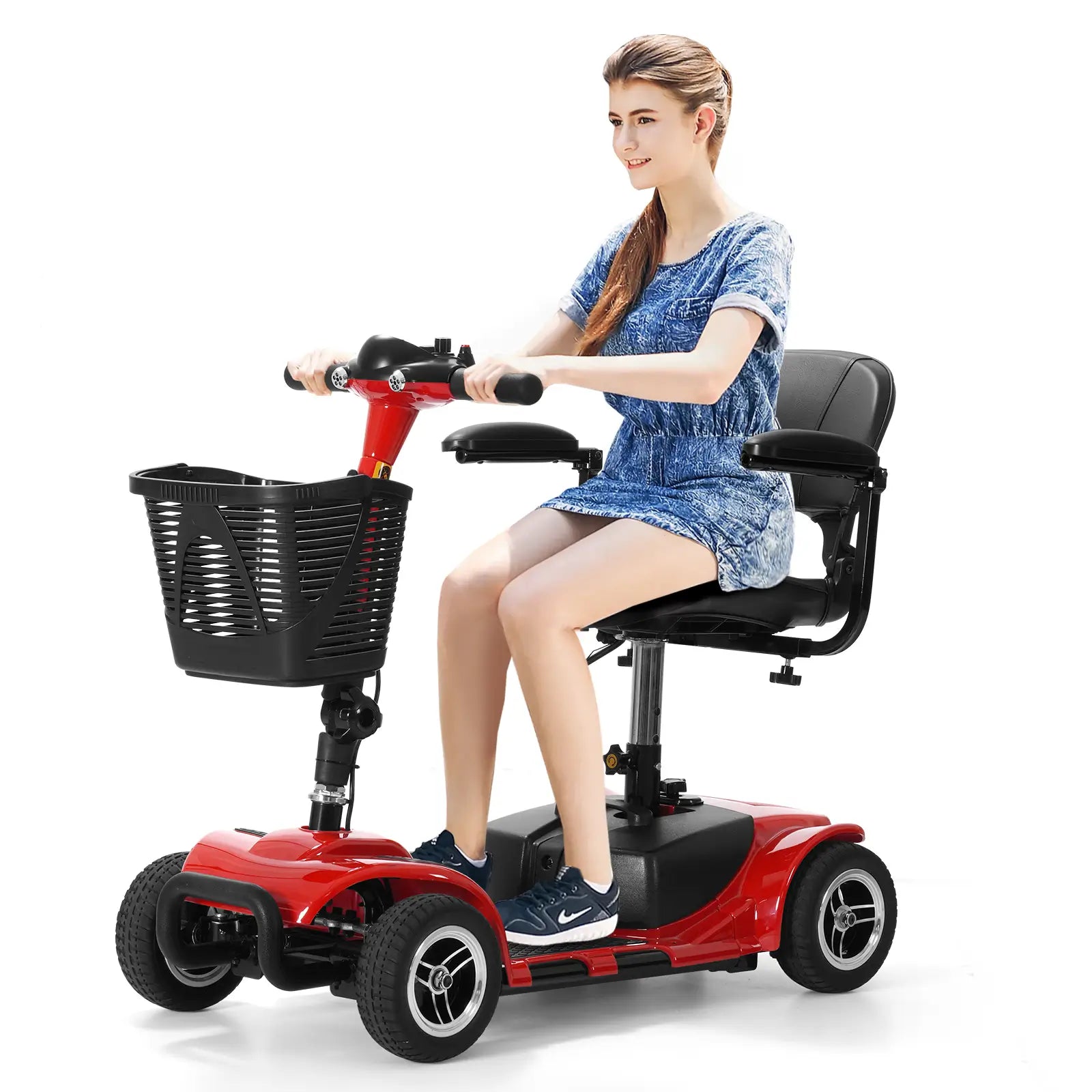 a women on soulout red mobility scooter#Color_Red