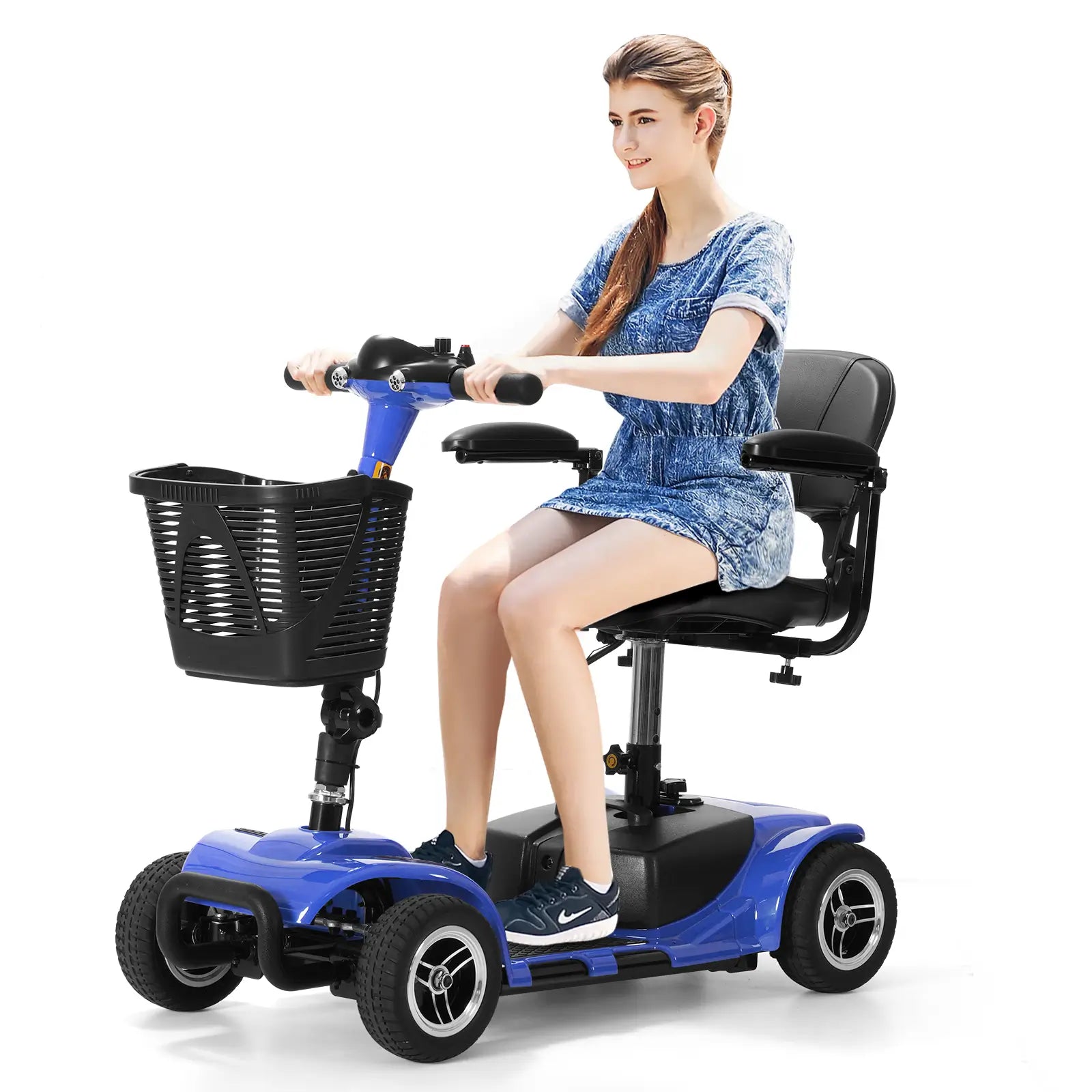 a women on soulout blue mobility scooter#Color_Blue