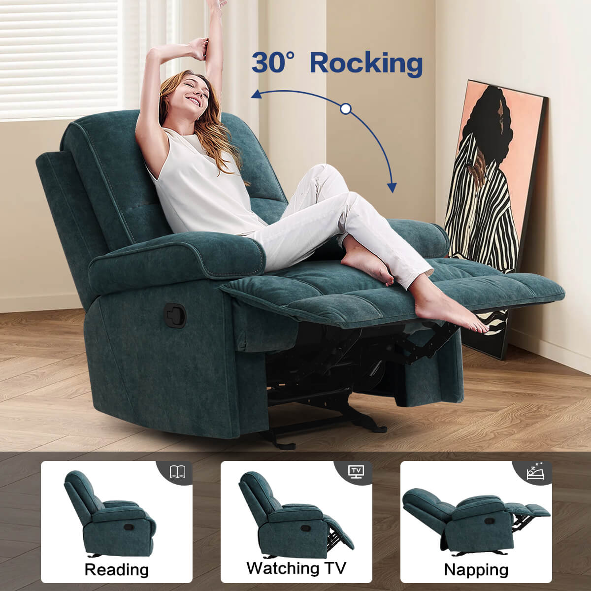 Manual Rocking Recliner Nursery Gliders, Breathable Fabric Blue