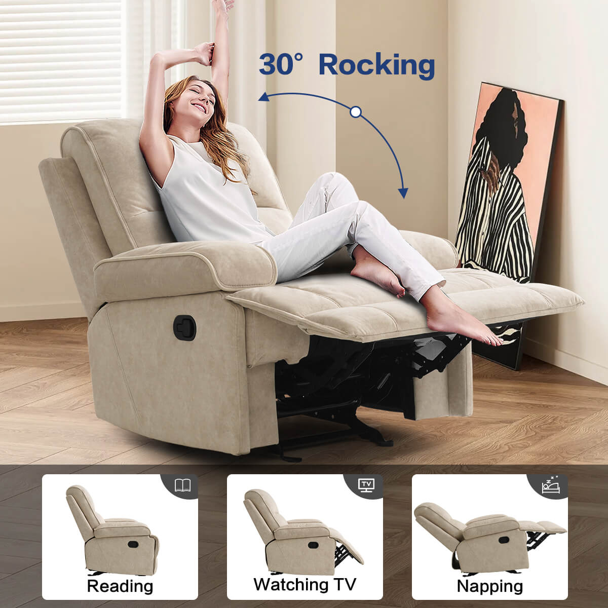 Manual Rocking Recliner Nursery Gliders, Breathable Fabric Flaxen