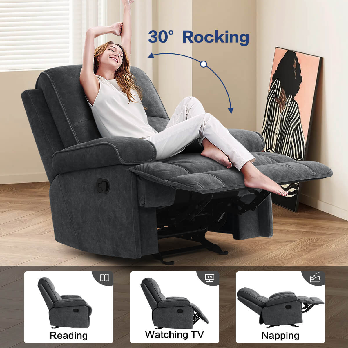 Manual Rocking Recliner Nursery Gliders, Breathable Fabric Grey