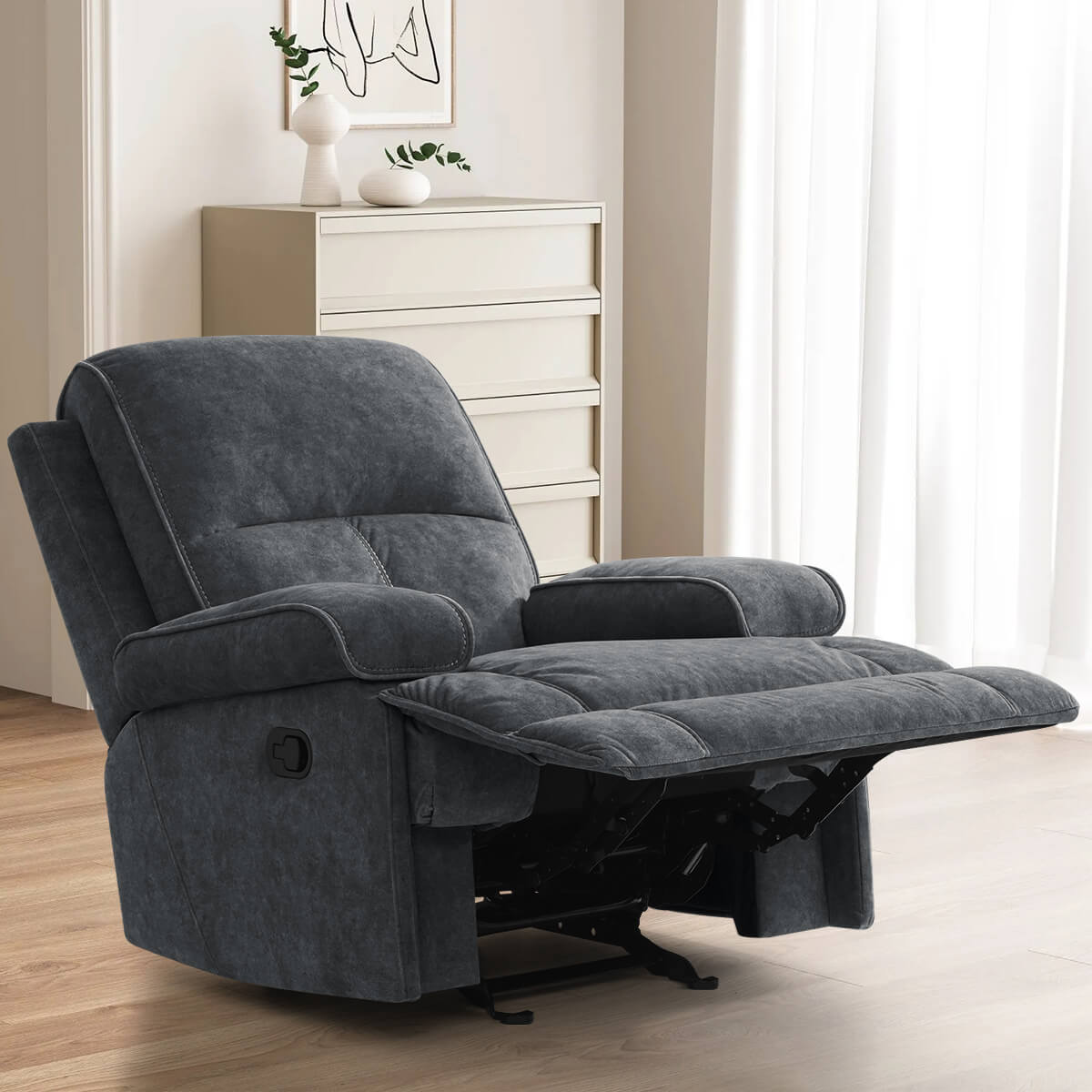 Manual Rocking Recliner Nursery Gliders, Breathable Fabric Grey