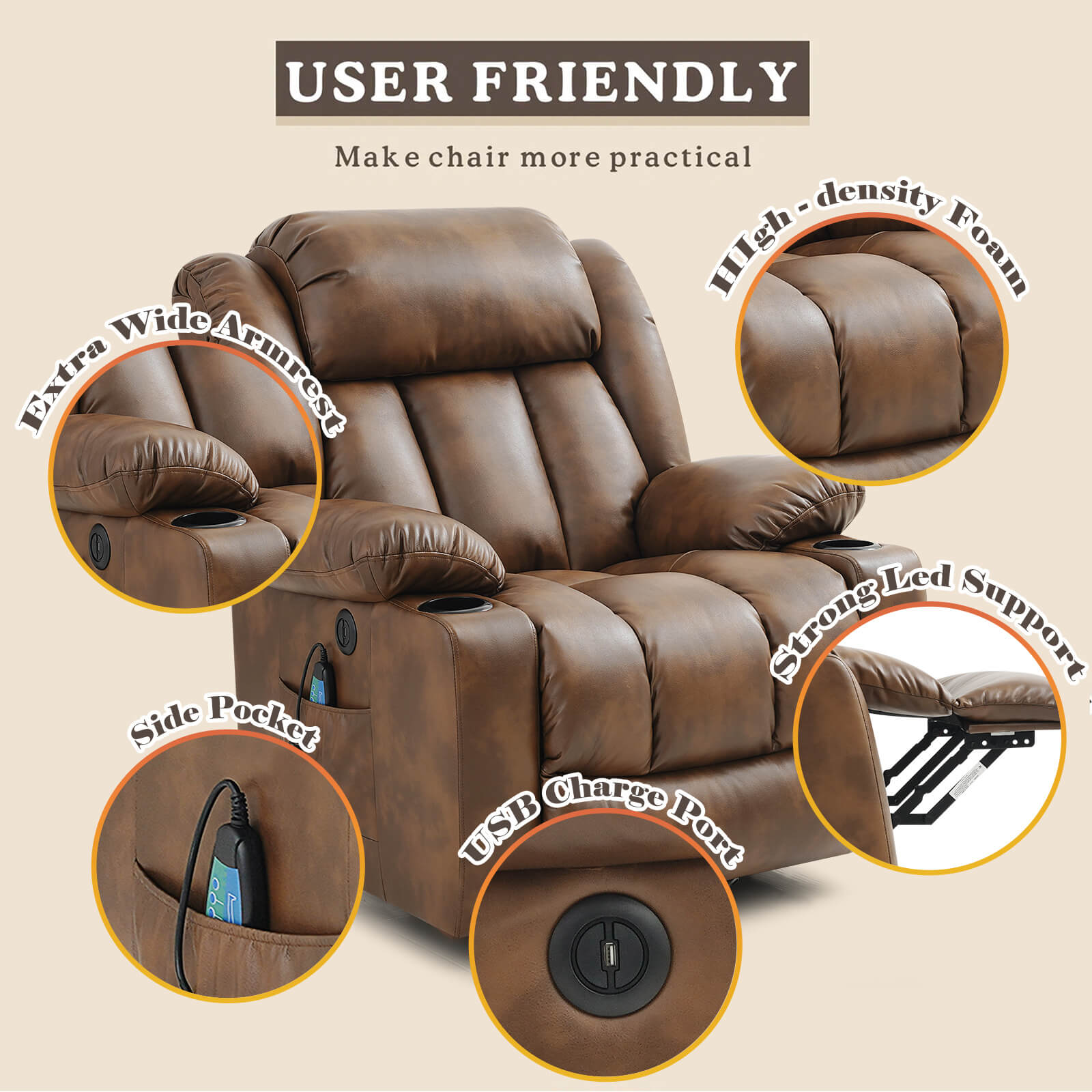 Luxury Lift Chair Recliner with Heat and Massage, Breathable Leather light brown
