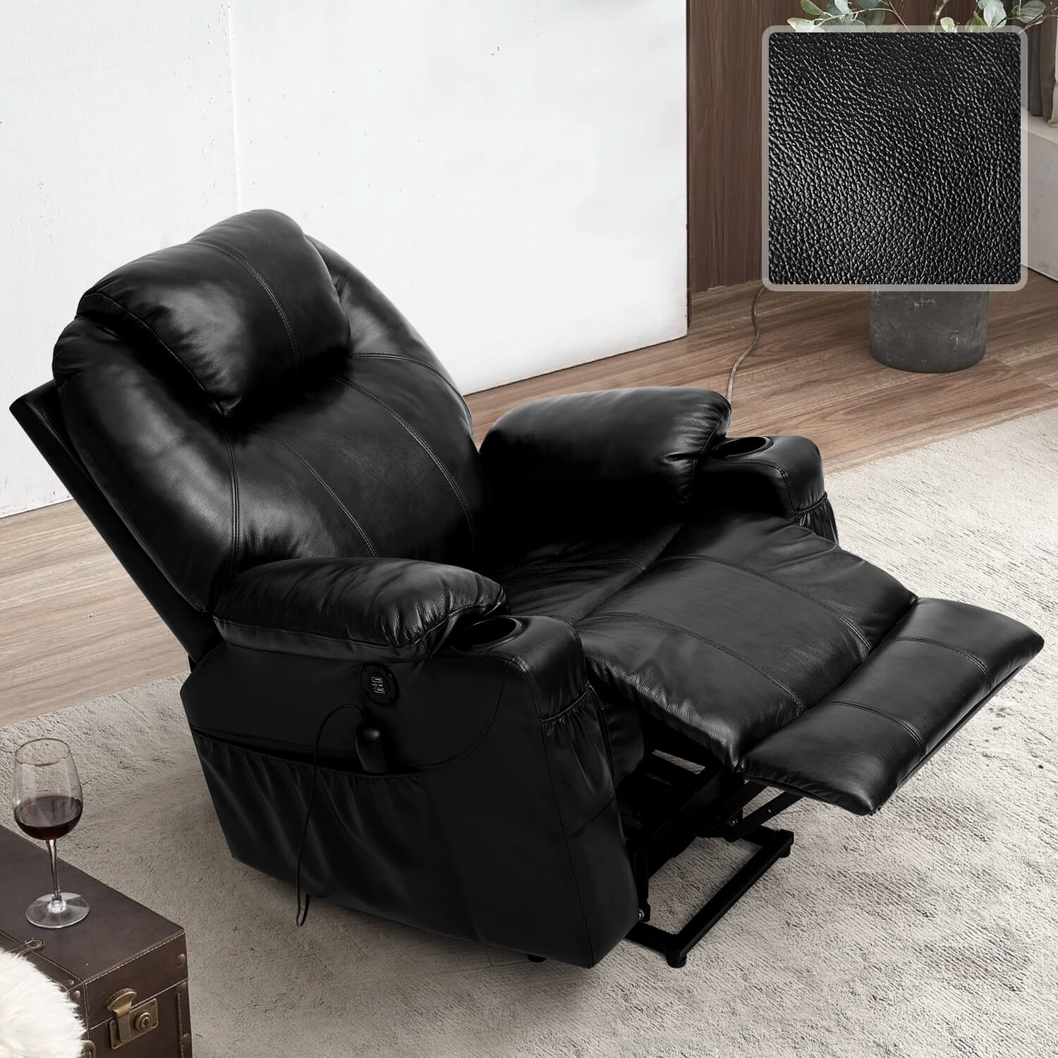 Genuine Leather Power Lift Recliner Chair with Massage and Heating#Color_Black