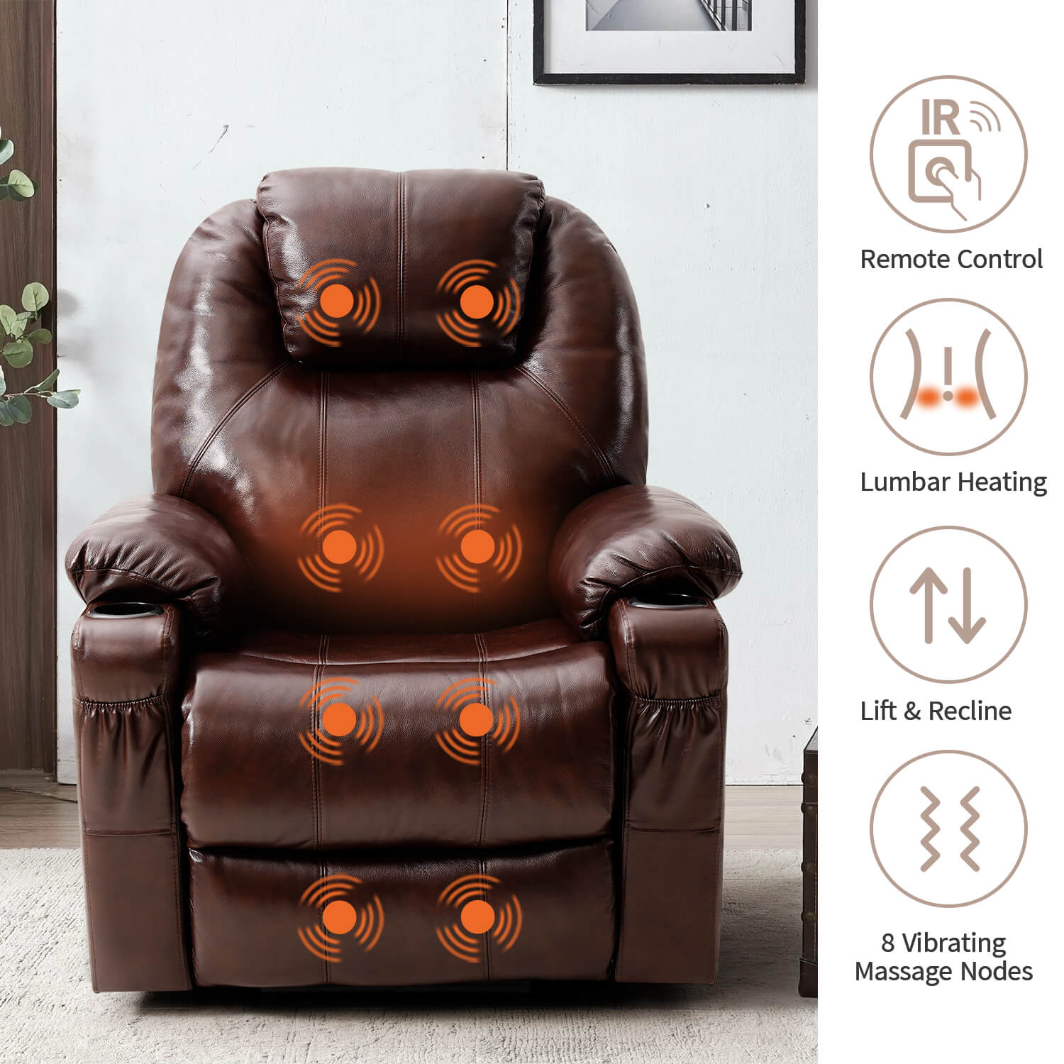 Large Genuine Leather Power Lift Chair Electric Recliner for Elderly with 8 points massage#Color_Brown