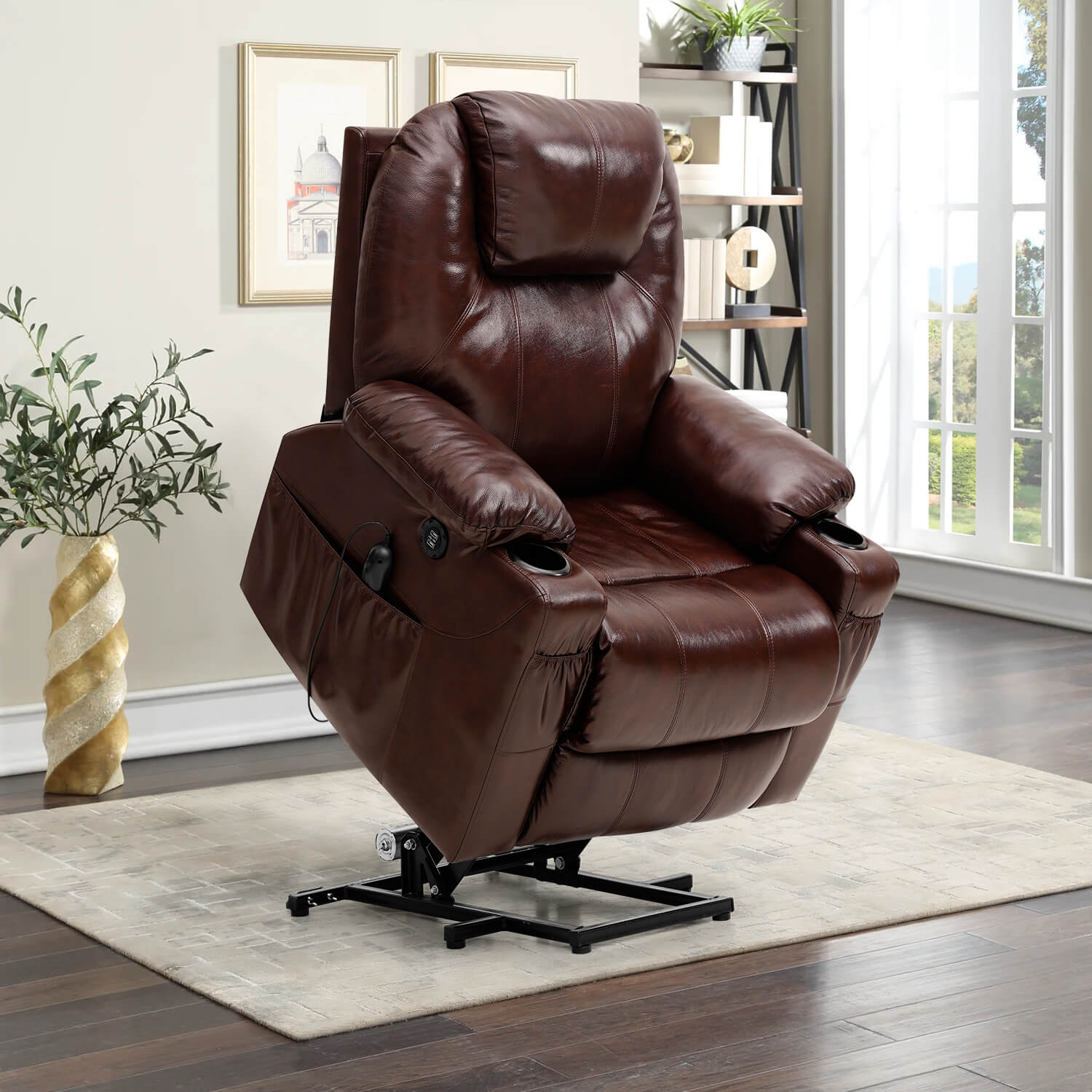 Large Genuine Leather Power Lift Chair Electric Recliner for Elderly with massage#Color_Brown