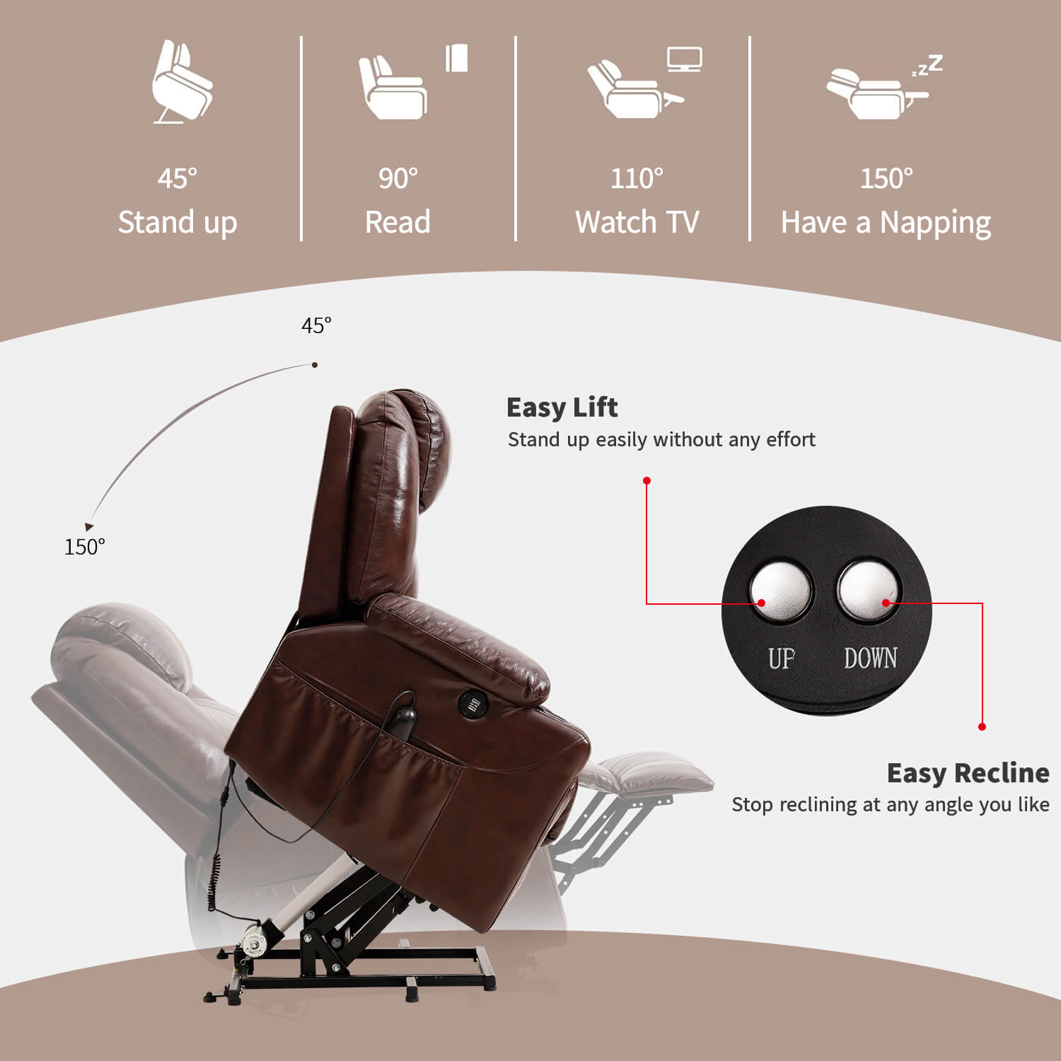 Genuine Leather Power Lift Chair Electric Recliner is easy to lift and recline#Color_Brown