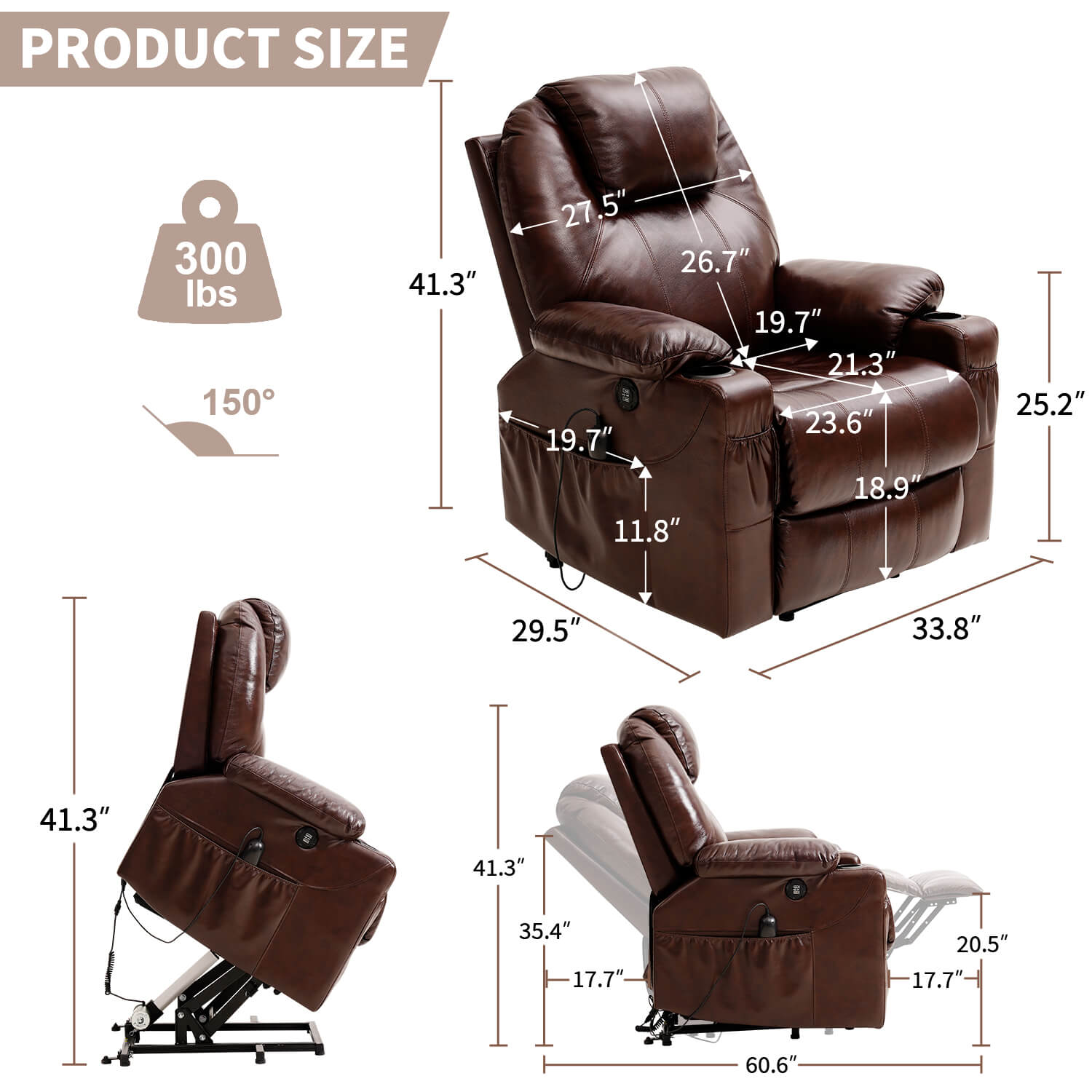 Genuine Leather Power Lift Recliner Chair Size#Color_Brown