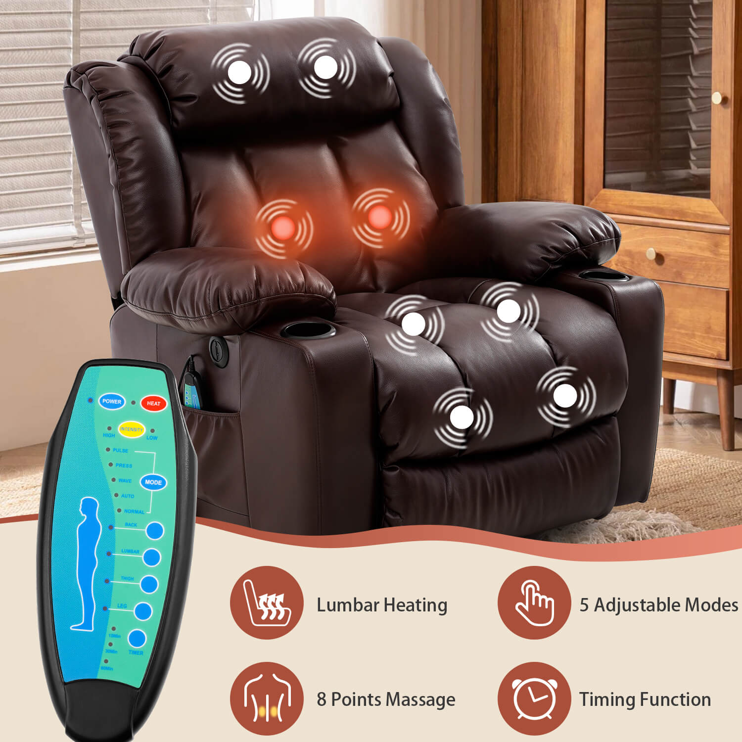 brown lift chair with remote control and heating massage