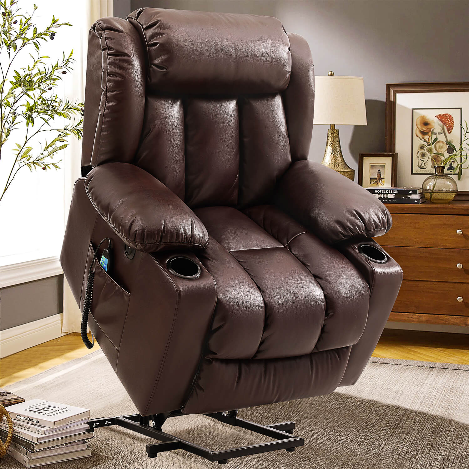 soulout brown lift chair in the raised position