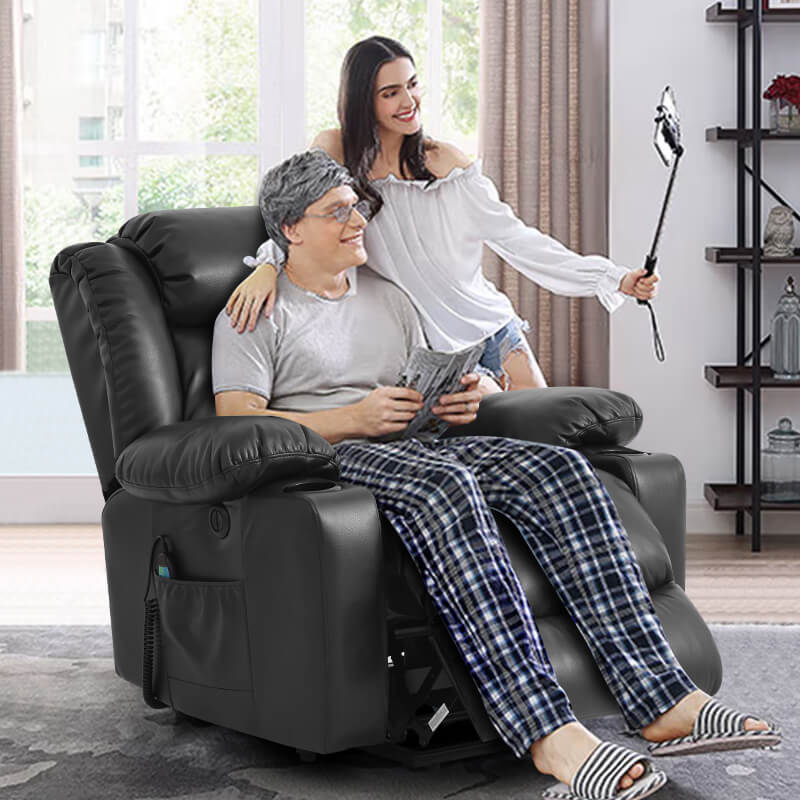 Two people sit on black lift chairs