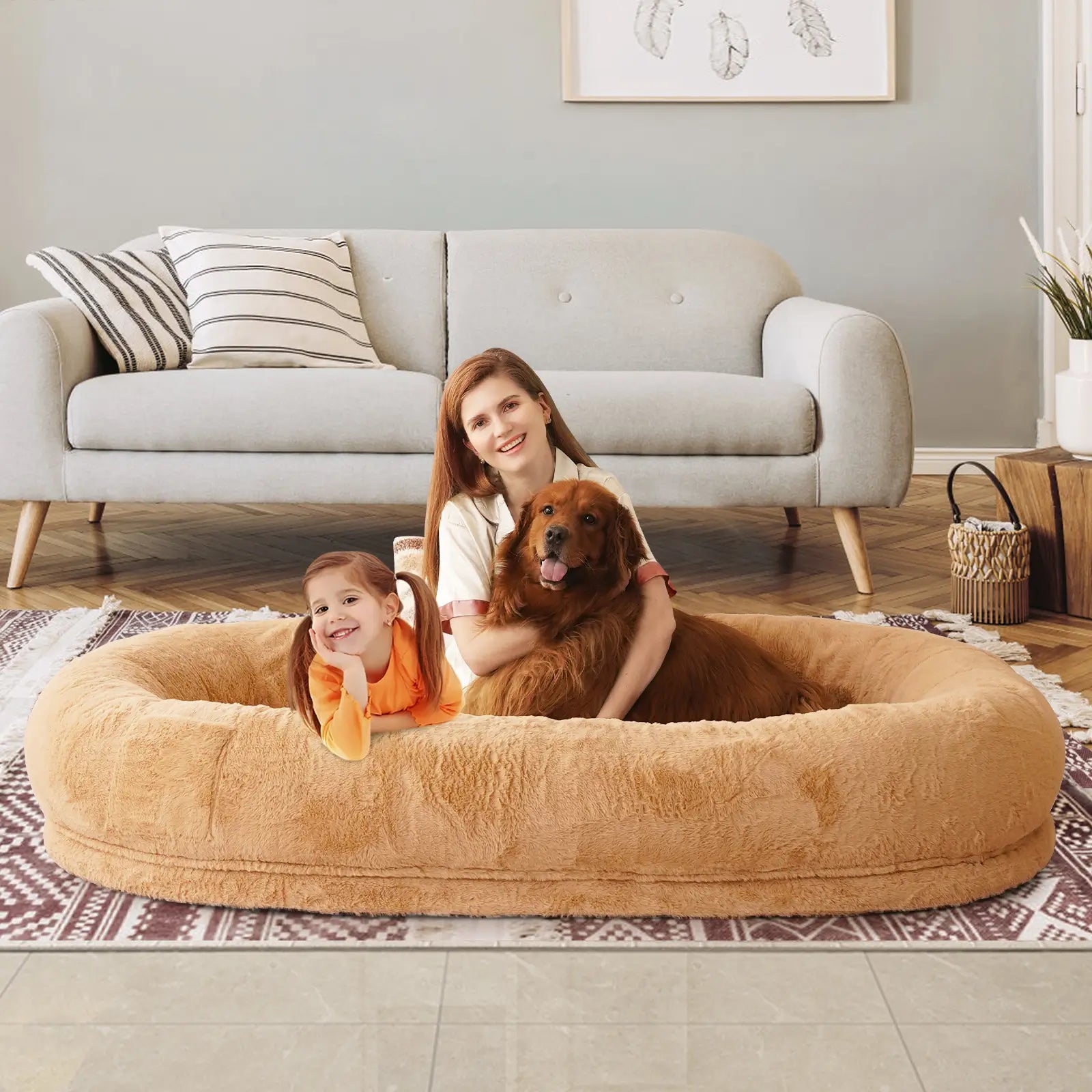 Human Dog Bed With Washable Faux Rabbit Fur Cover and Blanket, Khaki#Size_68" x 35" x 12"