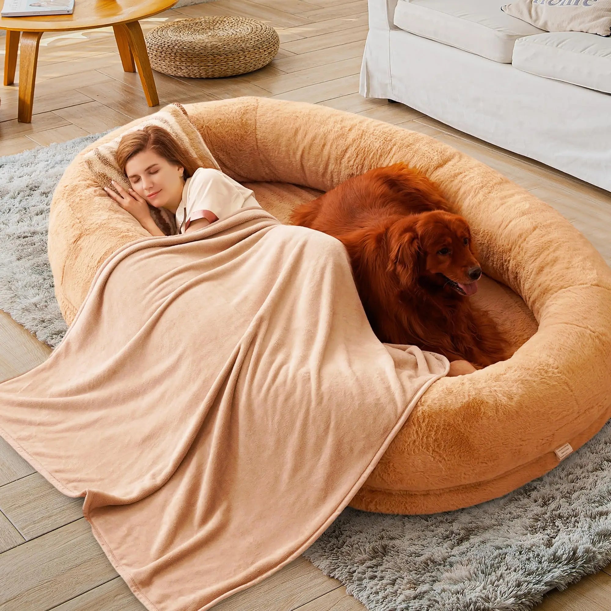 Human Dog Bed With Washable Faux Rabbit Fur Cover and Blanket, Khaki#Size_72" x 48" x 12"