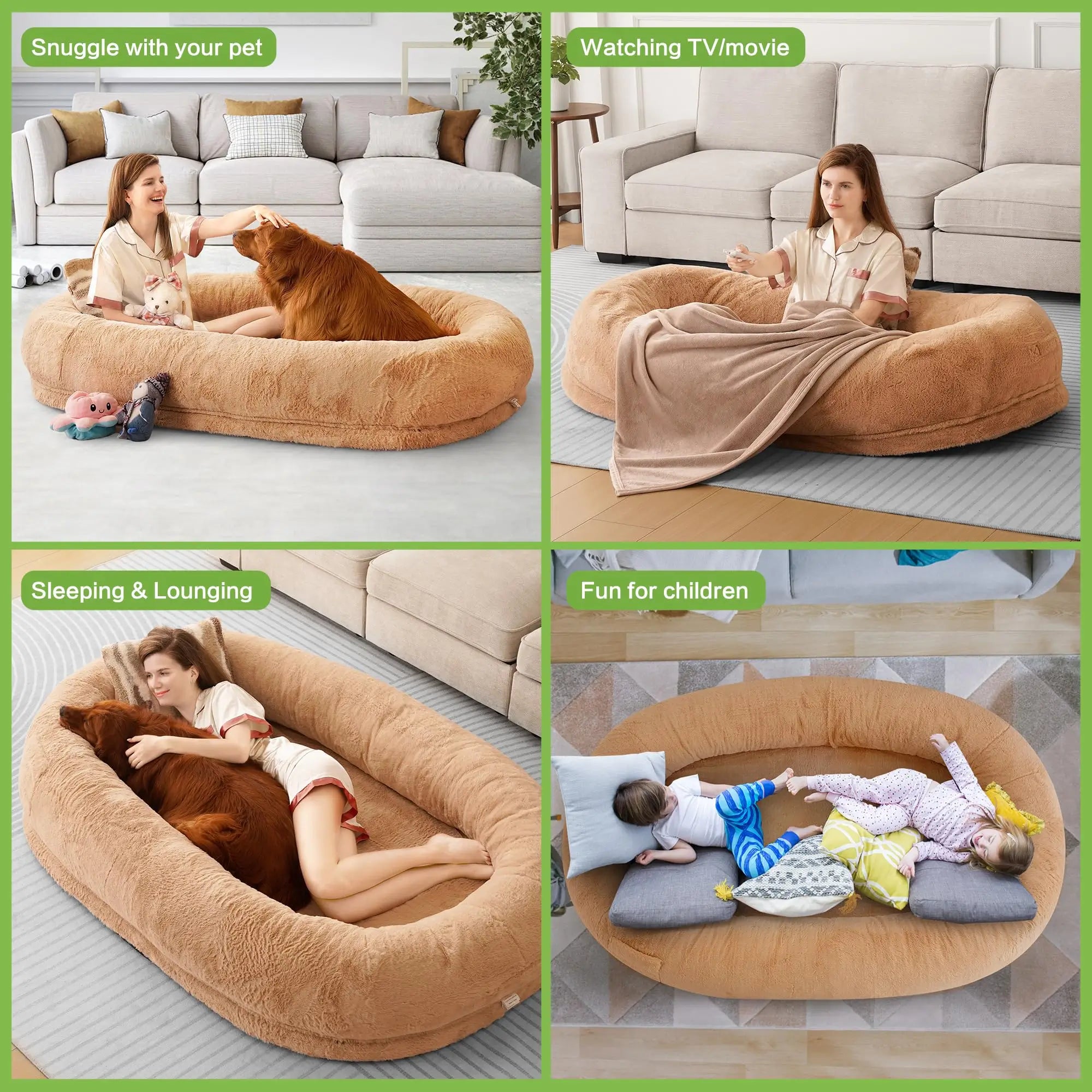 Human Dog Bed With Washable Faux Rabbit Fur Cover and Blanket, Khaki Multi-scenario#Size_72" x 48" x 12"