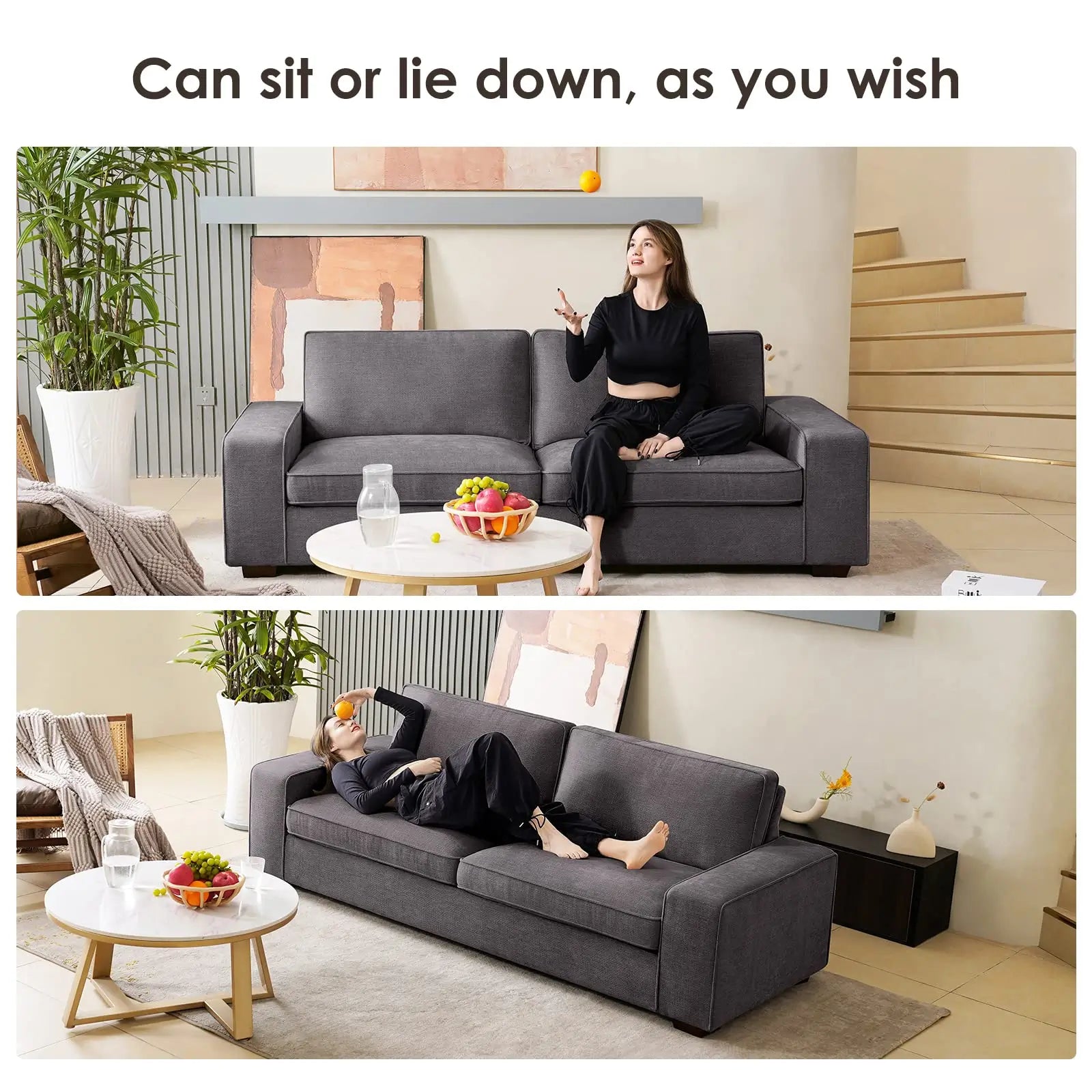 Modern Sofas Couches Solid Wood Frame#Color_Dark Grey#Size_88.58 inches