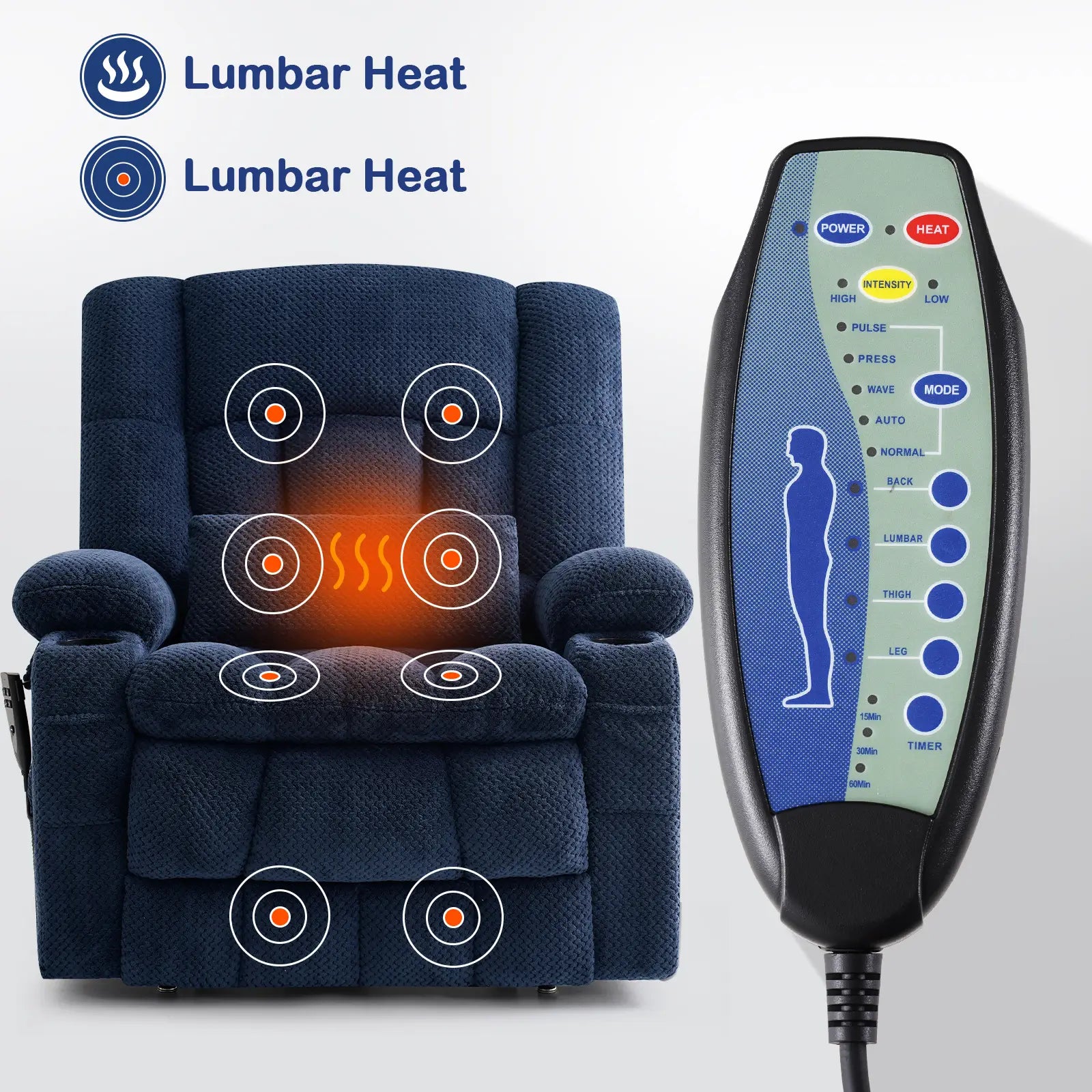 Extra  Large and Wide Power Lift Recliner Chair, One-click Reset, Infinite Position Massage and Heat#Color_Navy Blue