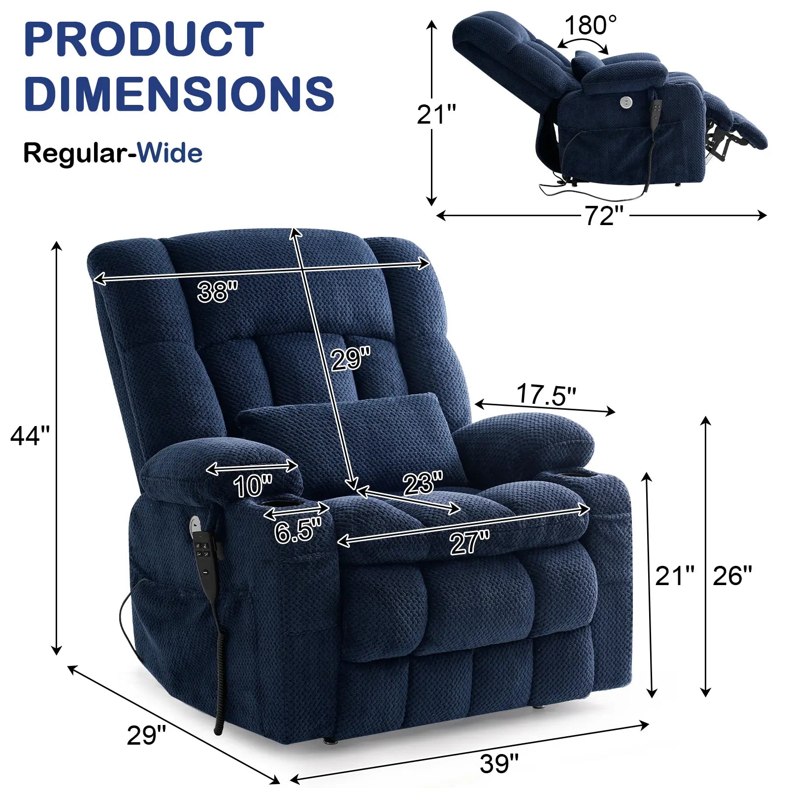 Extra  Large and Wide Power Lift Recliner Chair, One-click Reset, Infinite Position Product Dimensions#Color_Navy Blue