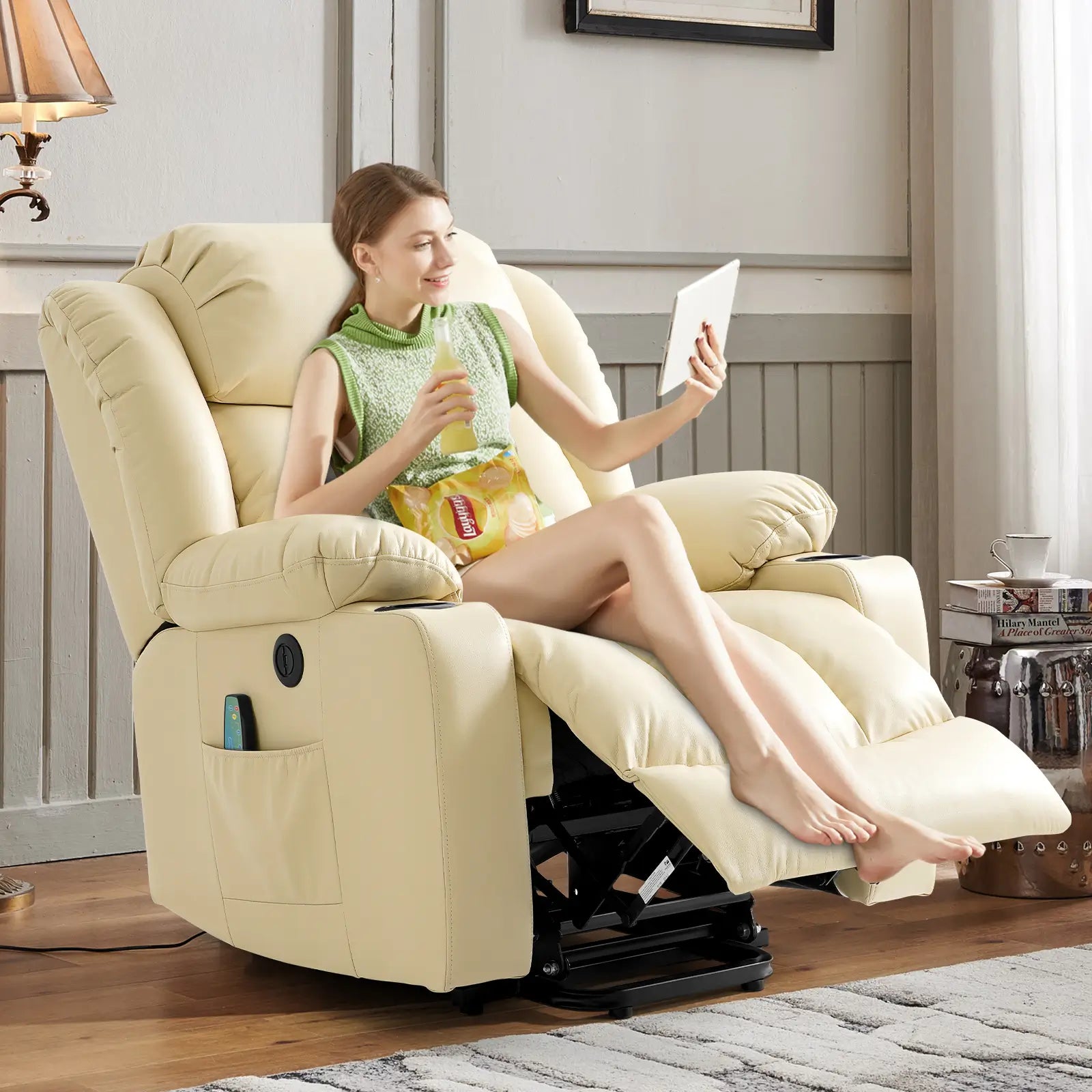 Large Lift Recliner Chair with Heat and Massage#Color_Beige