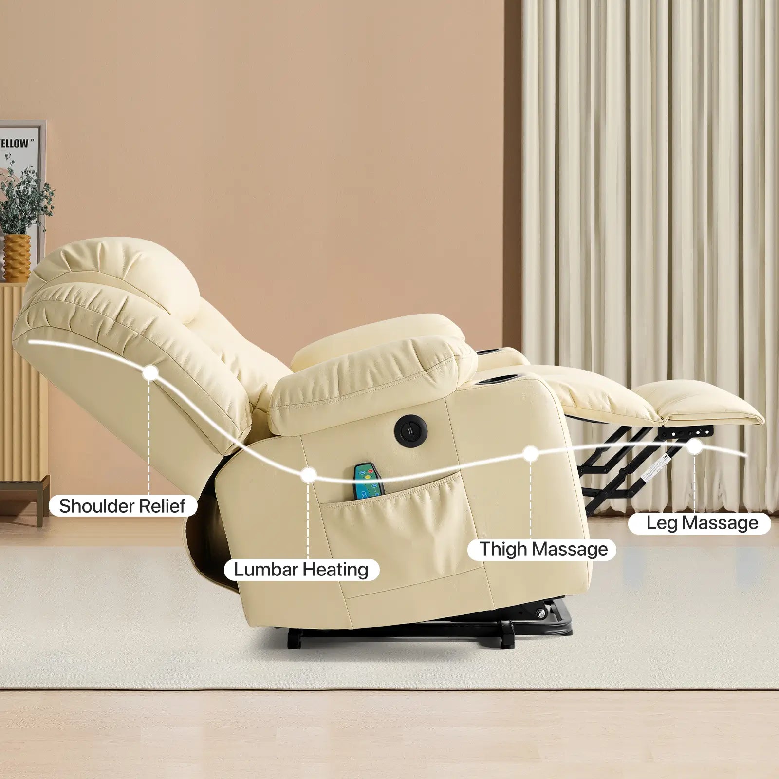 Large Lift Recliner Chair with Heat and Massage Ergonomic Design#Color_Beige