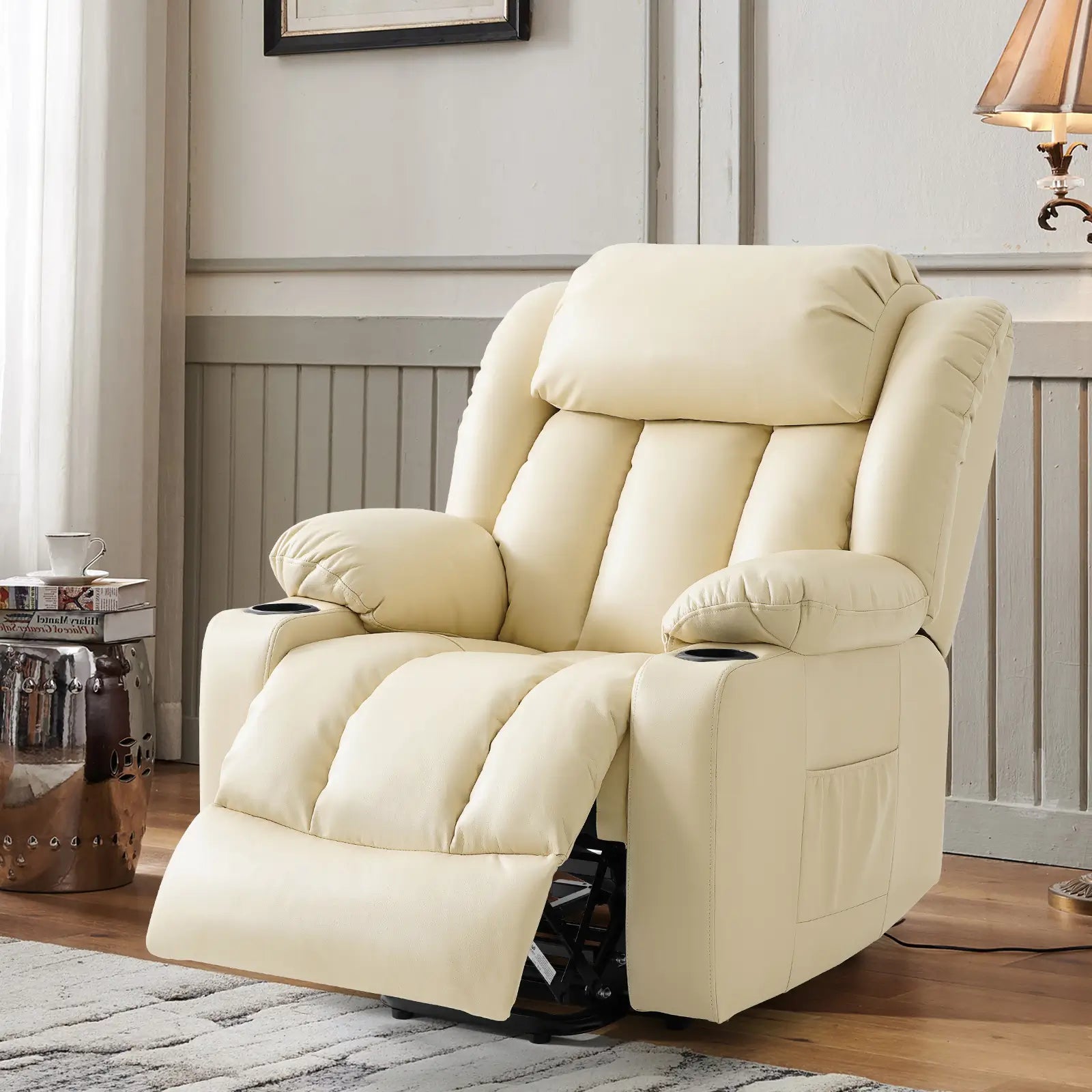 Large Lift Recliner Chair with Heat and Massage recline mechanism#Color_Beige