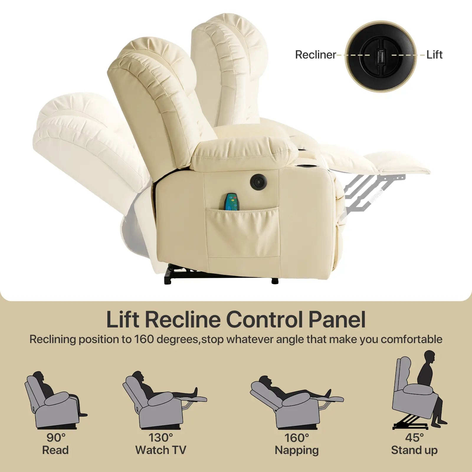 Large Lift Recliner Chair with Heat and Massagecontrol from 45° to 160°#Color_Beige