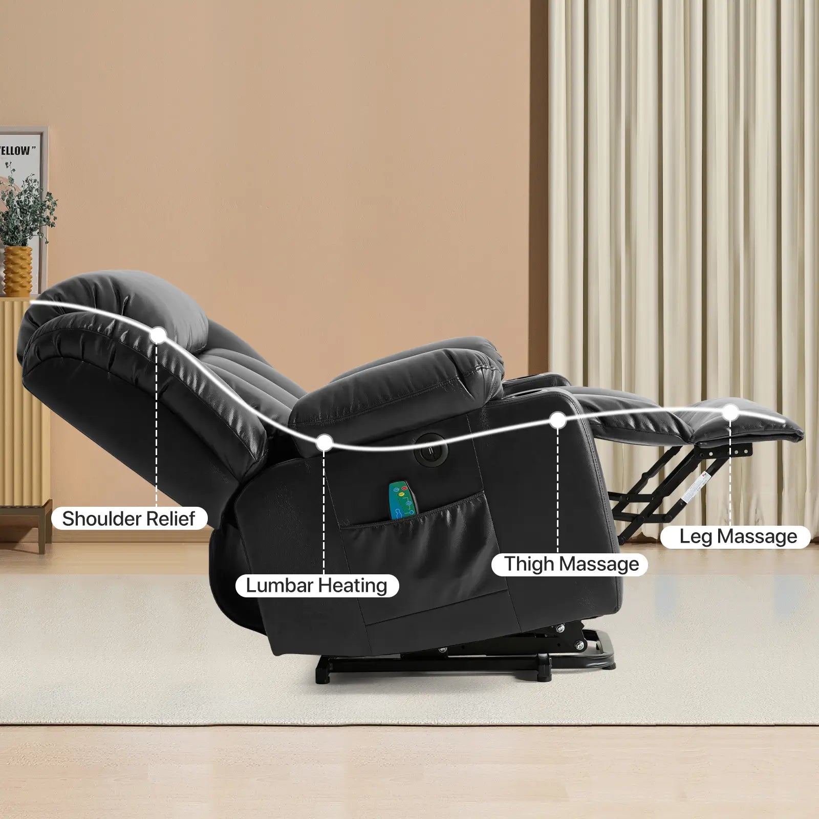 Large Lift Recliner Chair with Heat and Massage Ergonomic Design#Color_Black