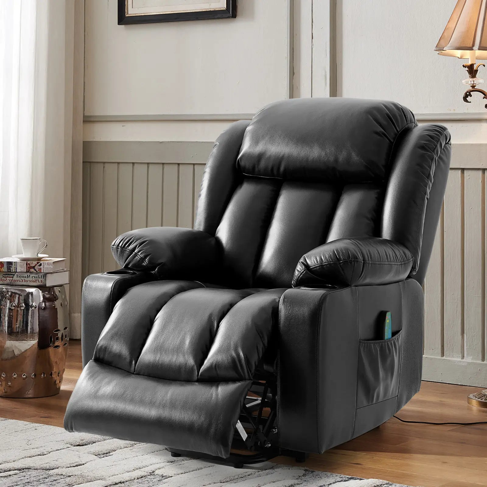 Large Lift Recliner Chair with Heat and Massage recline mechanism#Color_Black