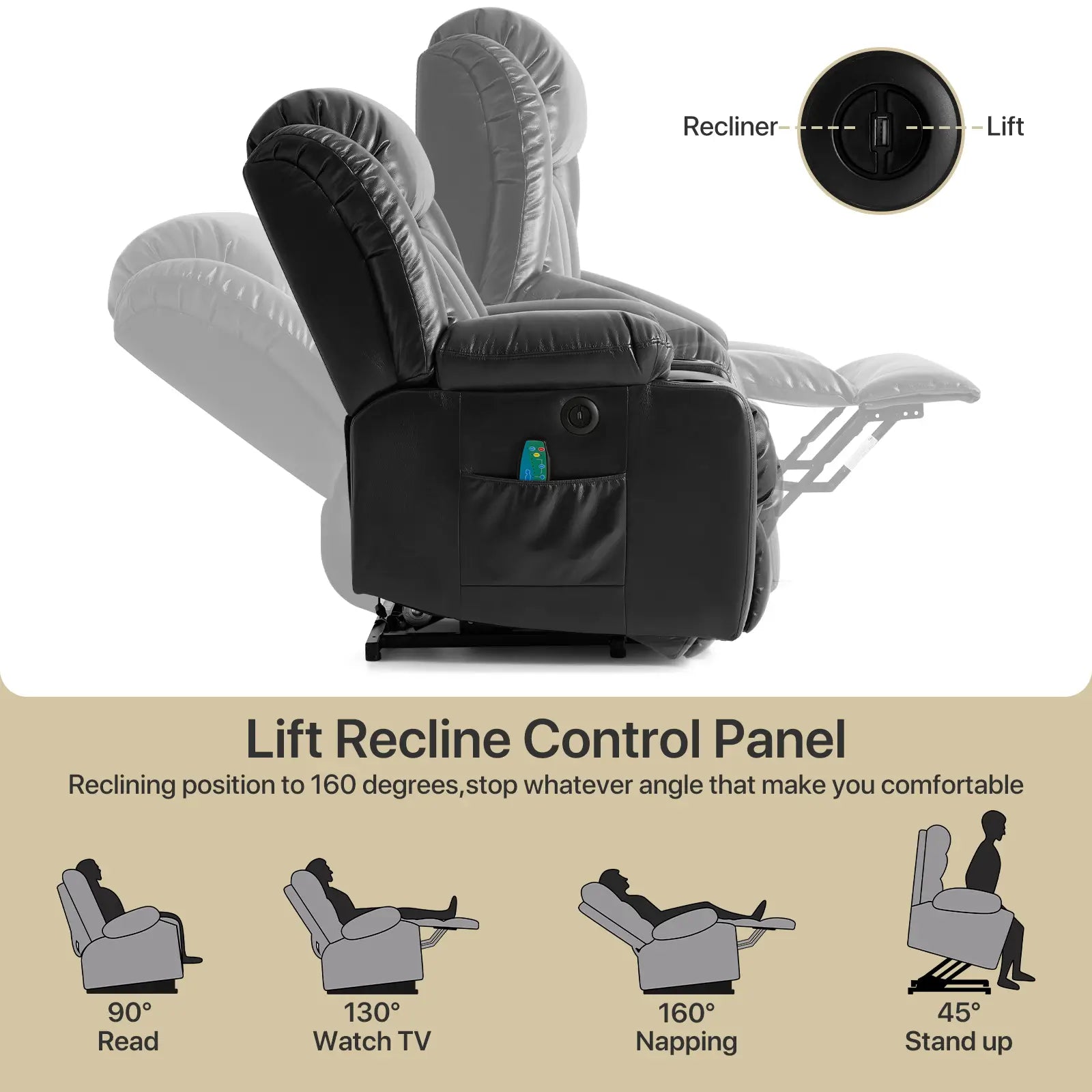 Large Lift Recliner Chair with Heat and Massagecontrol from 45° to 160°#Color_Black