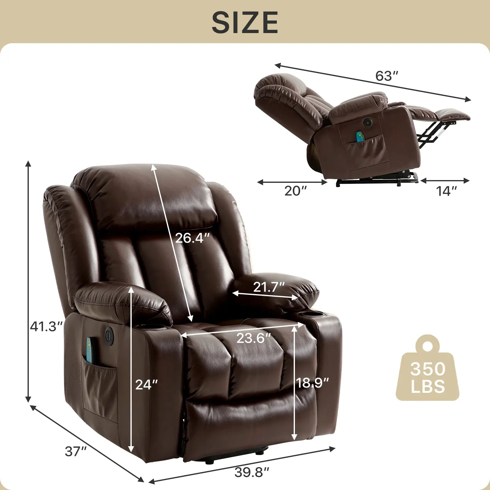 Large Lift Recliner Chair with Heat and Massage Size#Color_Brown