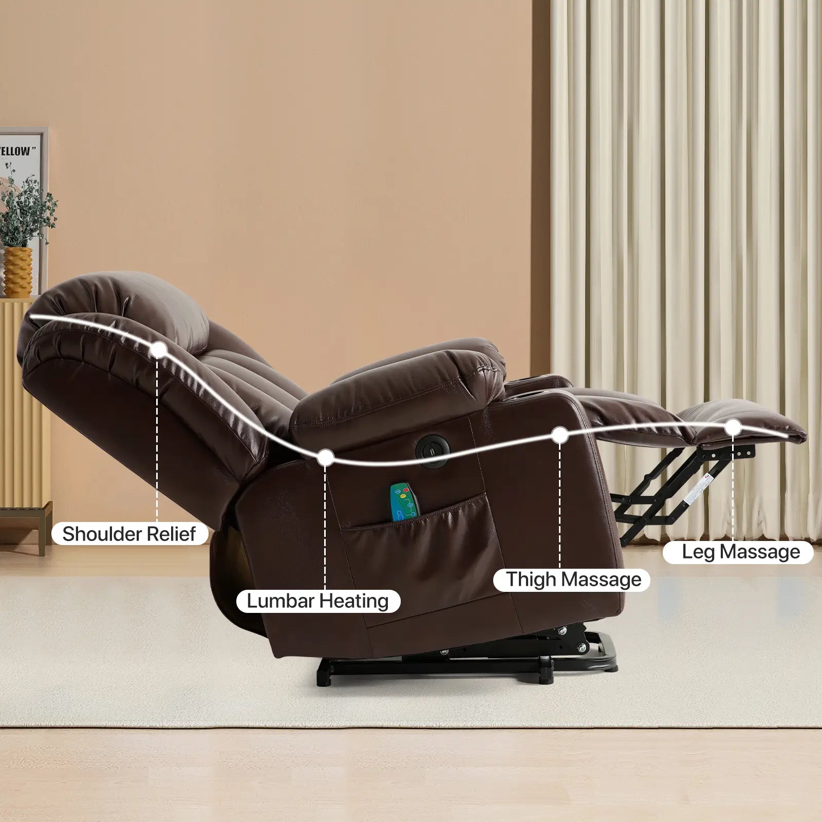 Large Lift Recliner Chair with Heat and Massage Ergonomic Design#Color_Brown