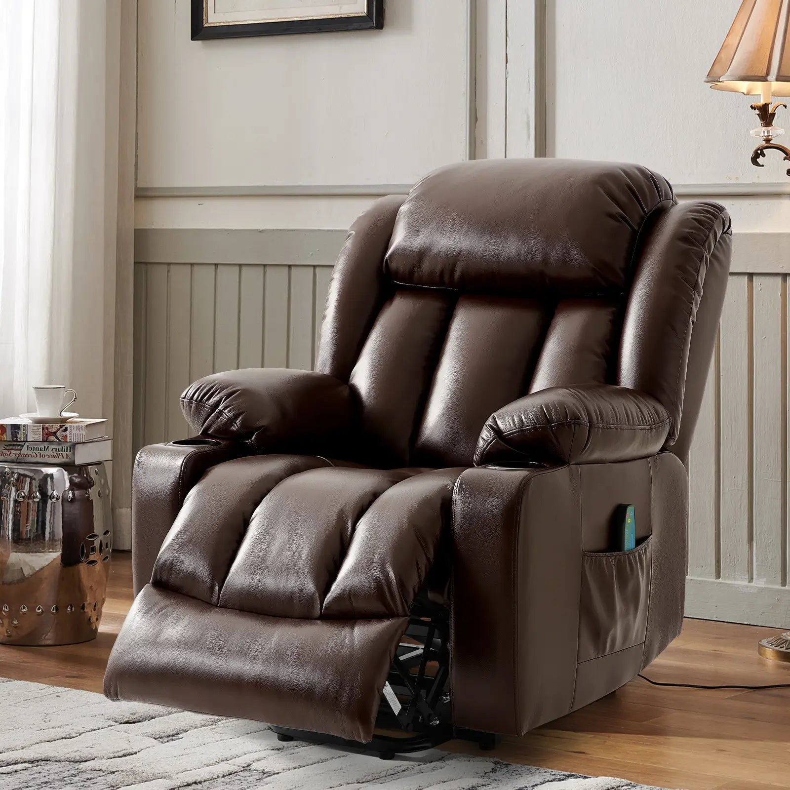 Large Lift Recliner Chair with Heat and Massage recline mechanism#Color_Brown