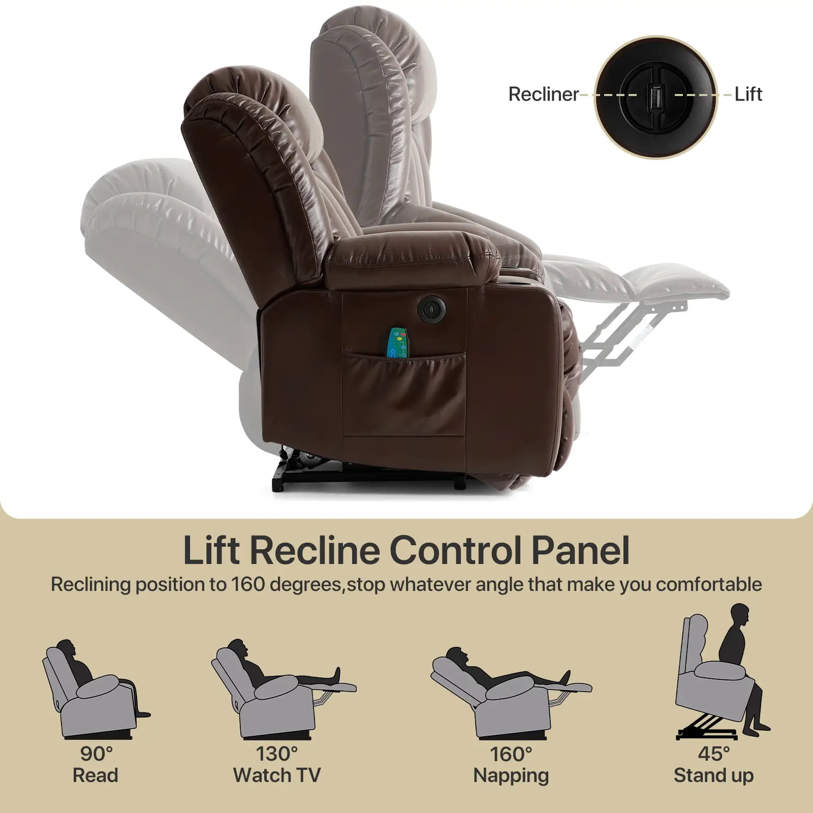 Large Lift Recliner Chair with Heat and Massagecontrol from 45° to 160°#Color_Brown