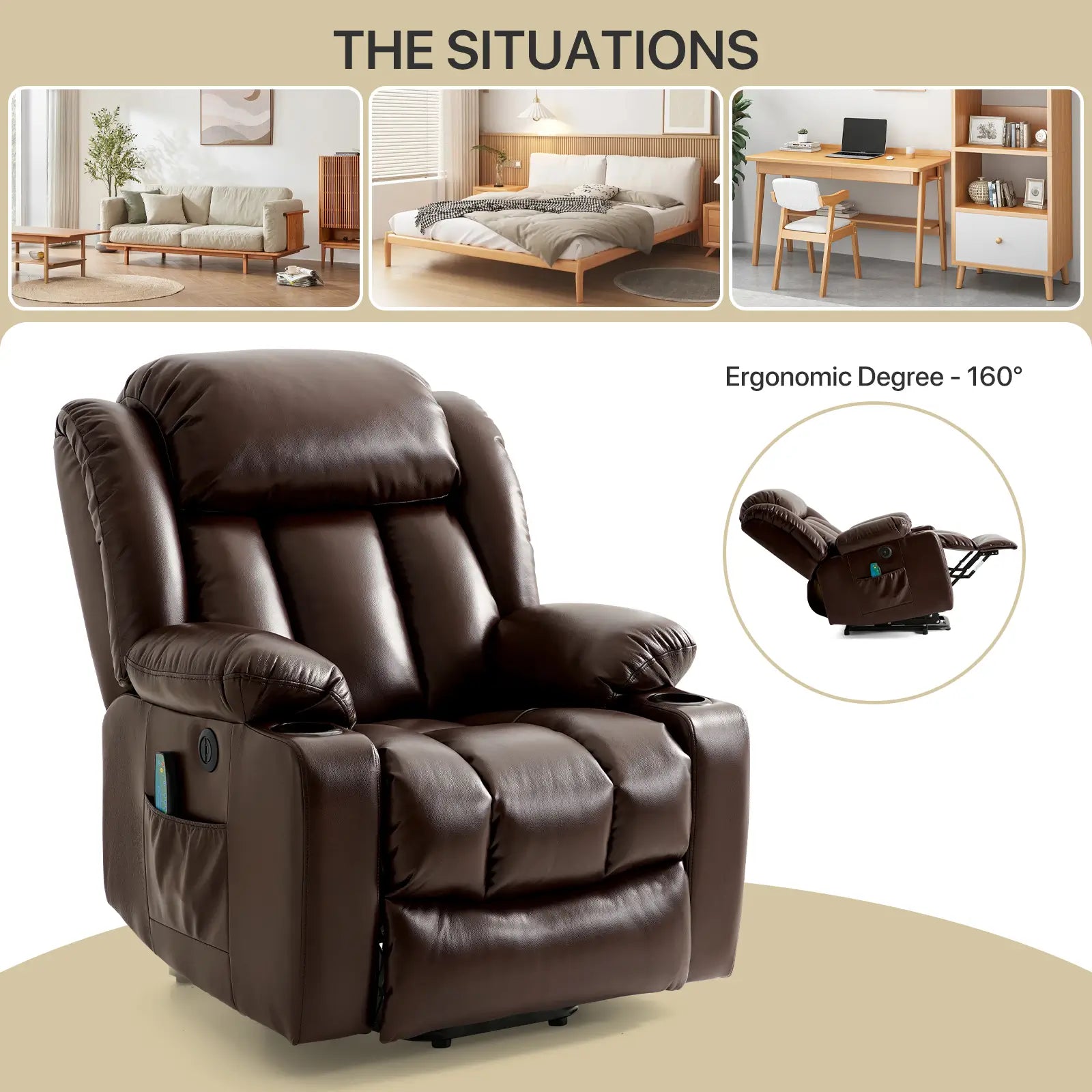 Large Lift Recliner Chair with Heat and Massage Multi-scenario application#Color_Brown