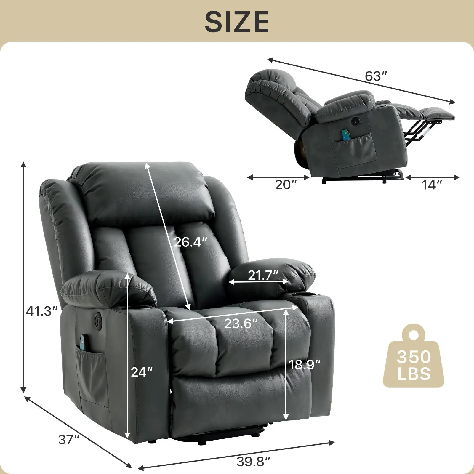 Large Lift Recliner Chair with Heat and Massage Size#Color_Grey