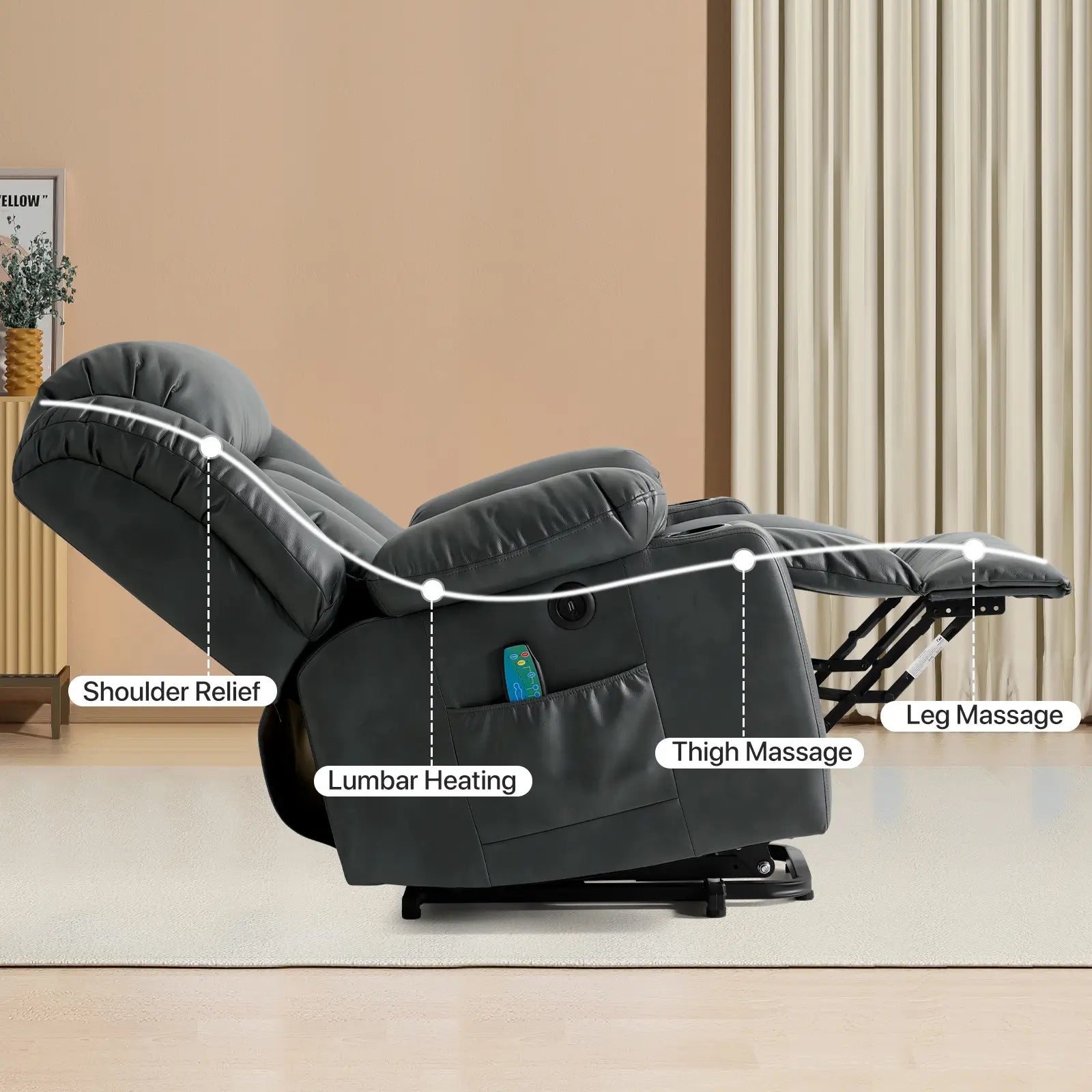 Large Lift Recliner Chair with Heat and Massage Ergonomic Design#Color_Grey