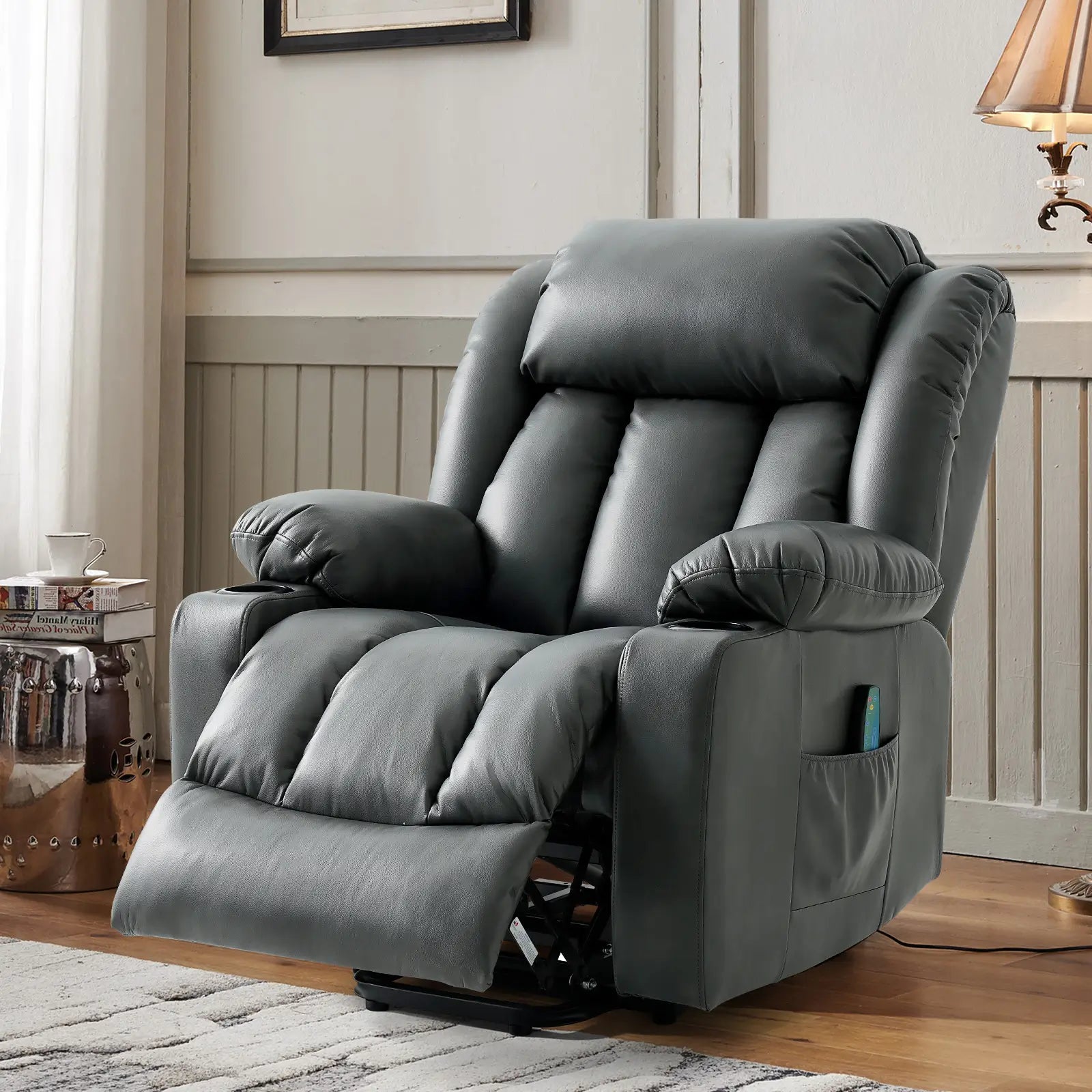 Large Lift Recliner Chair with Heat and Massage recline mechanism#Color_Grey