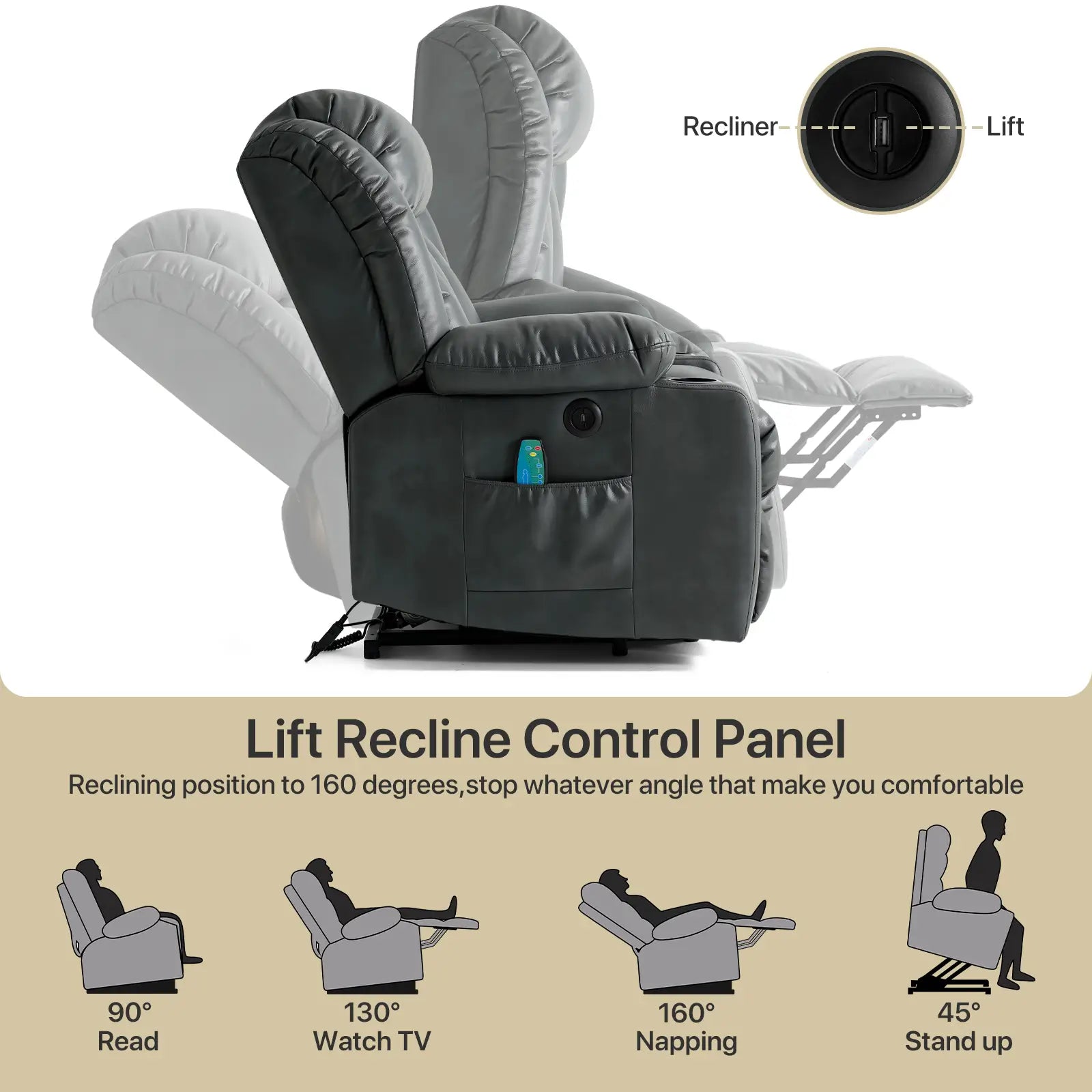 Large Lift Recliner Chair with Heat and Massagecontrol from 45° to 160°#Color_Grey