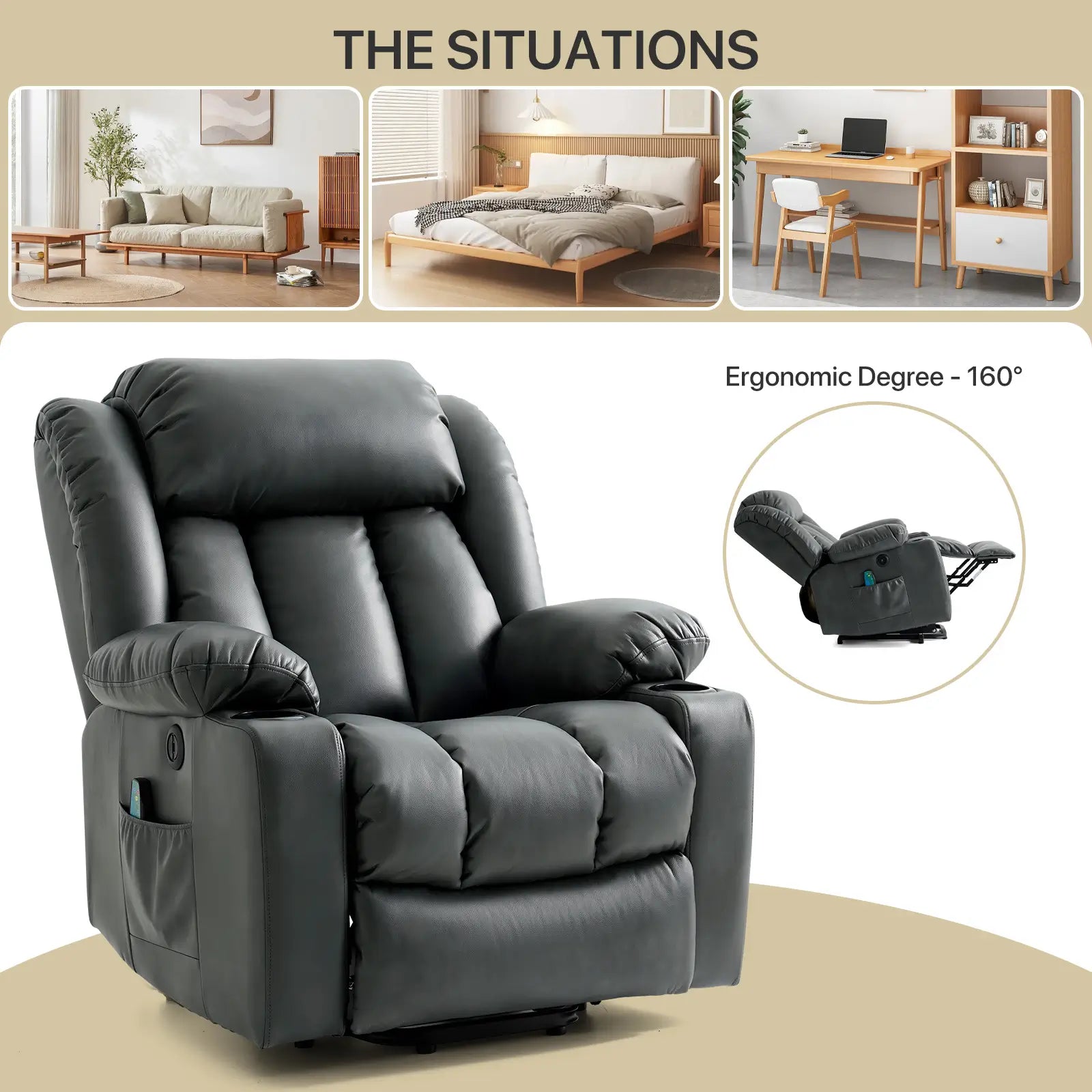 Large Lift Recliner Chair with Heat and Massage Multi-scenario application#Color_Grey