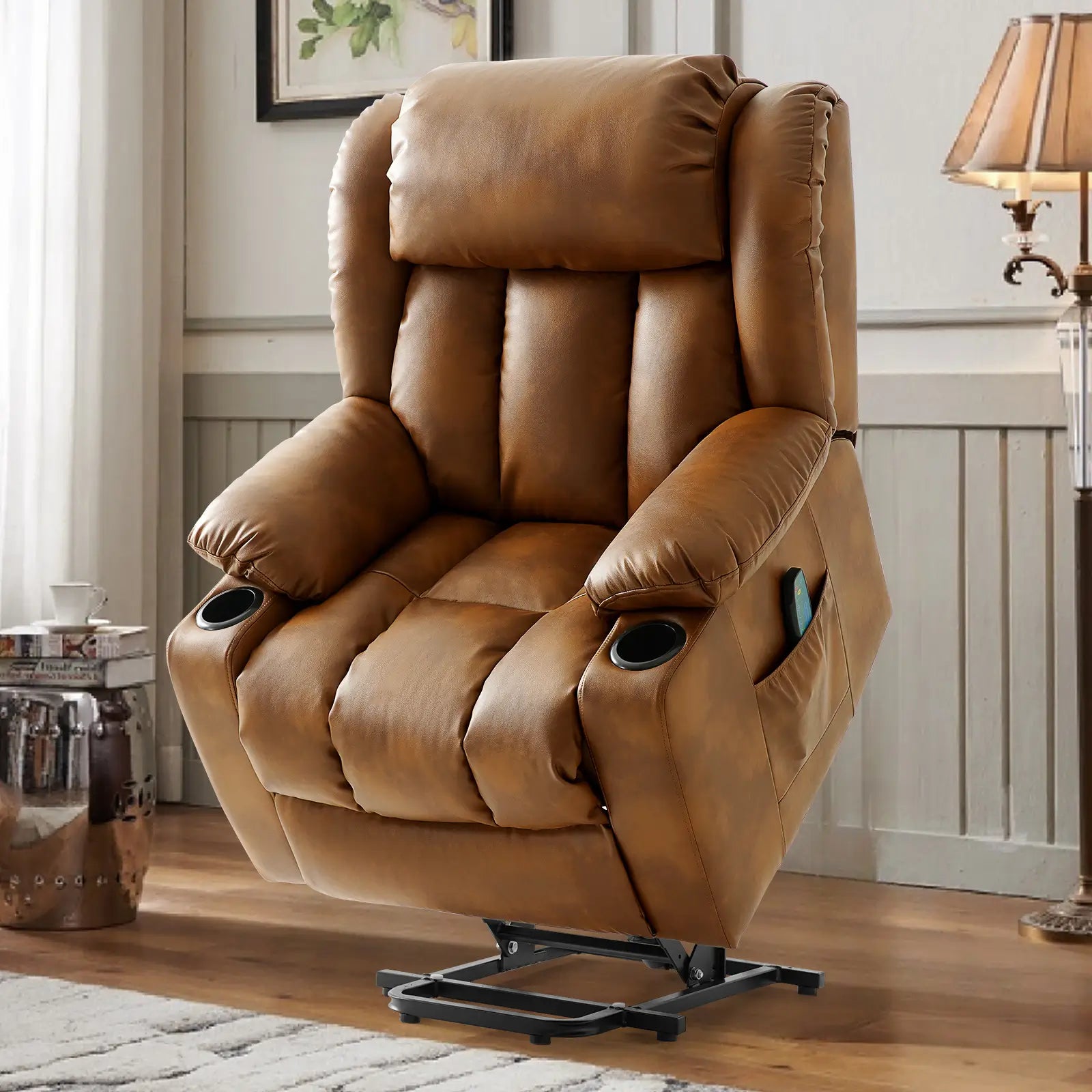 Large Lift Recliner Chair with Heat and Massage lift mechanism#Color_Light Brown