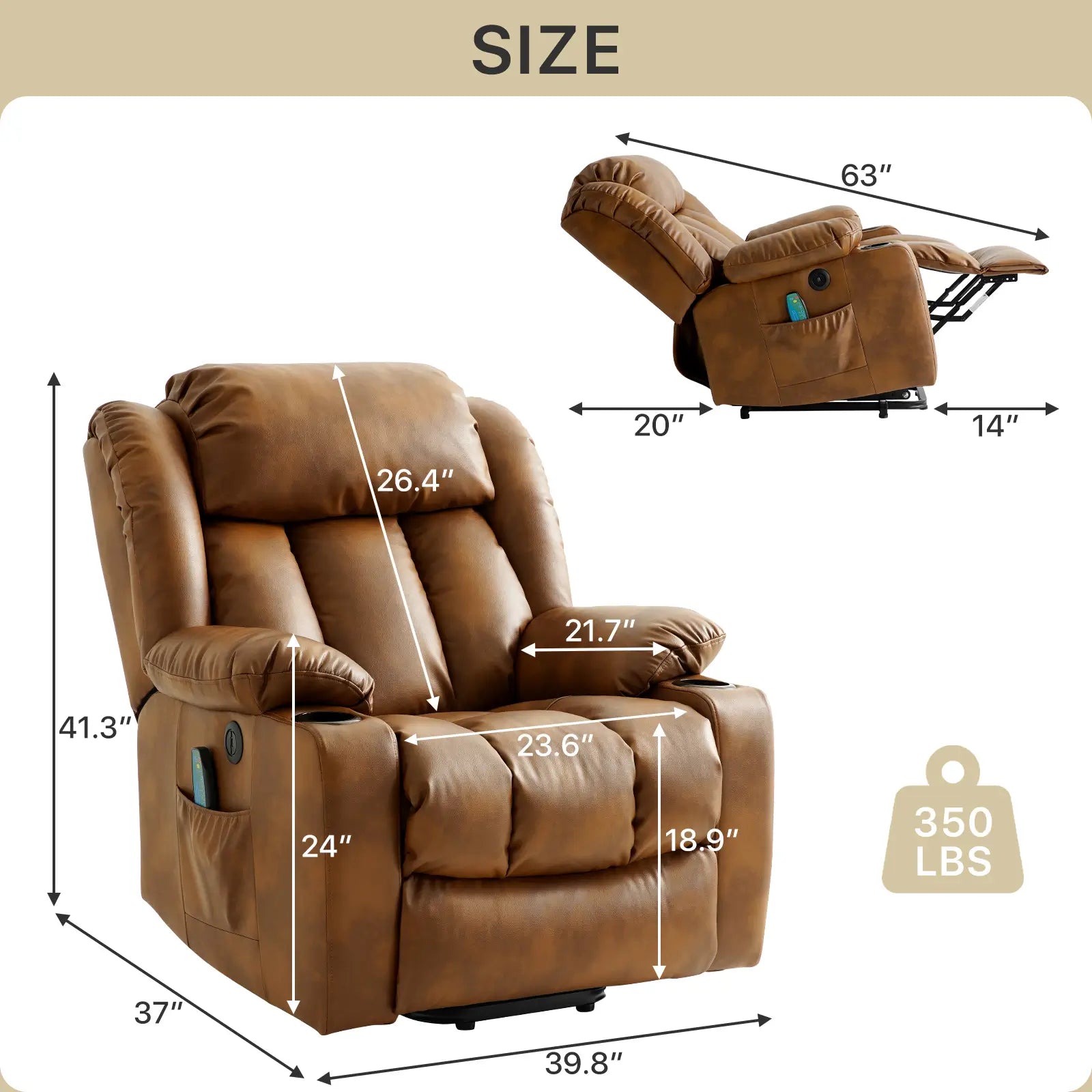 Large Lift Recliner Chair with Heat and Massage Size#Color_Light Brown