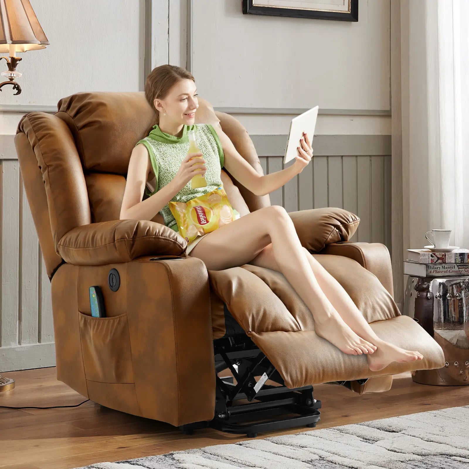 Large Lift Recliner Chair with Heat and Massage#Color_Light Brown