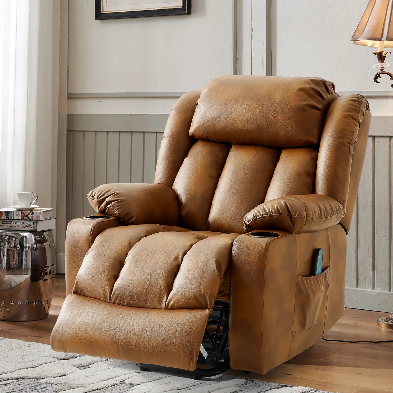 Large Lift Recliner Chair with Heat and Massage recline mechanism#Color_Light Brown