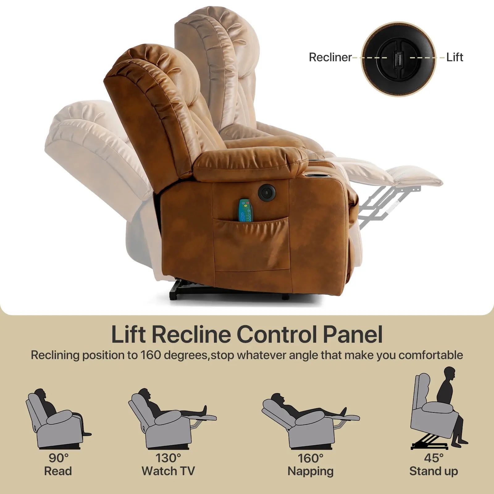 Large Lift Recliner Chair with Heat and Massagecontrol from 45° to 160°#Color_Light Brown