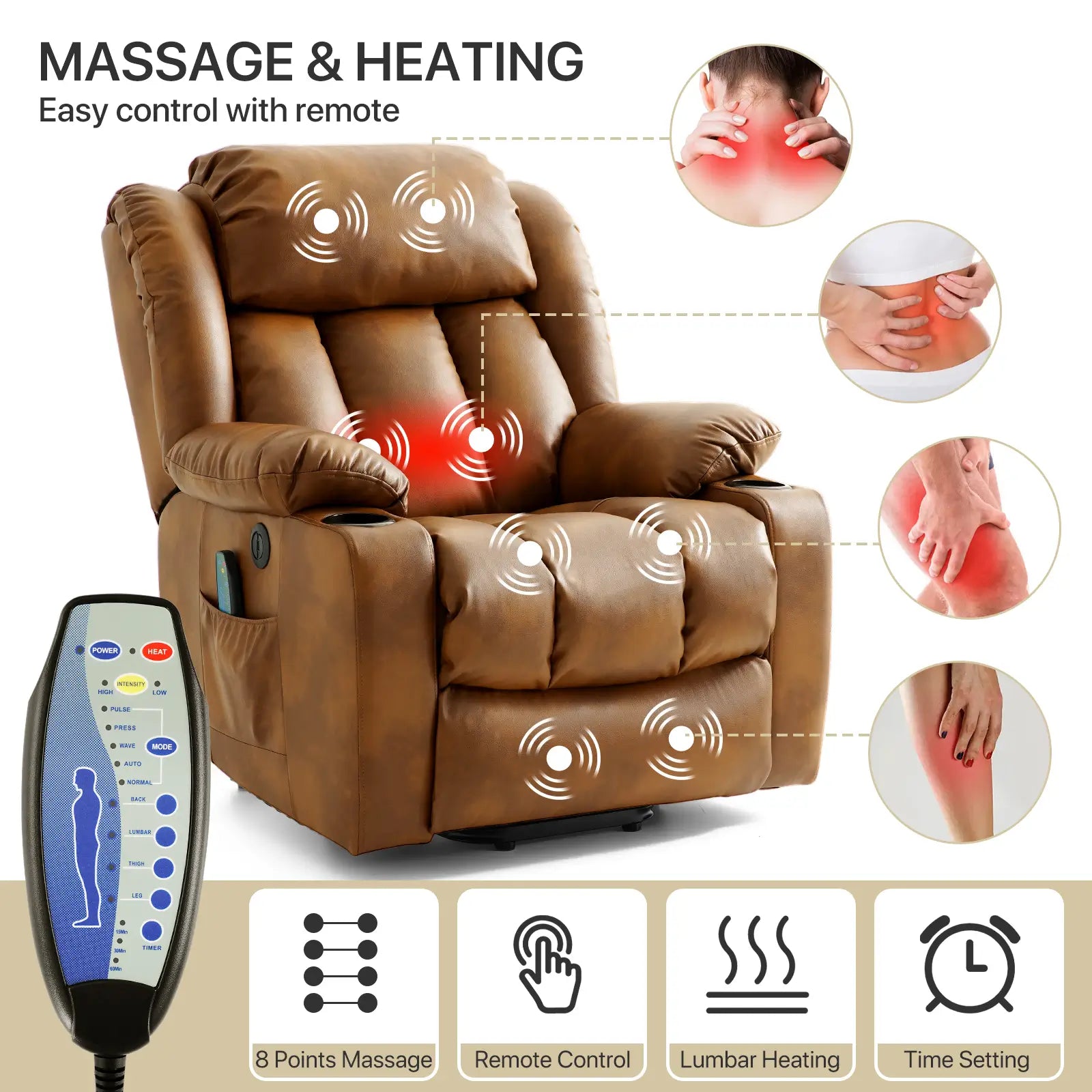 Large Lift Recliner Chair Heating and Massage#Color_Light Brown