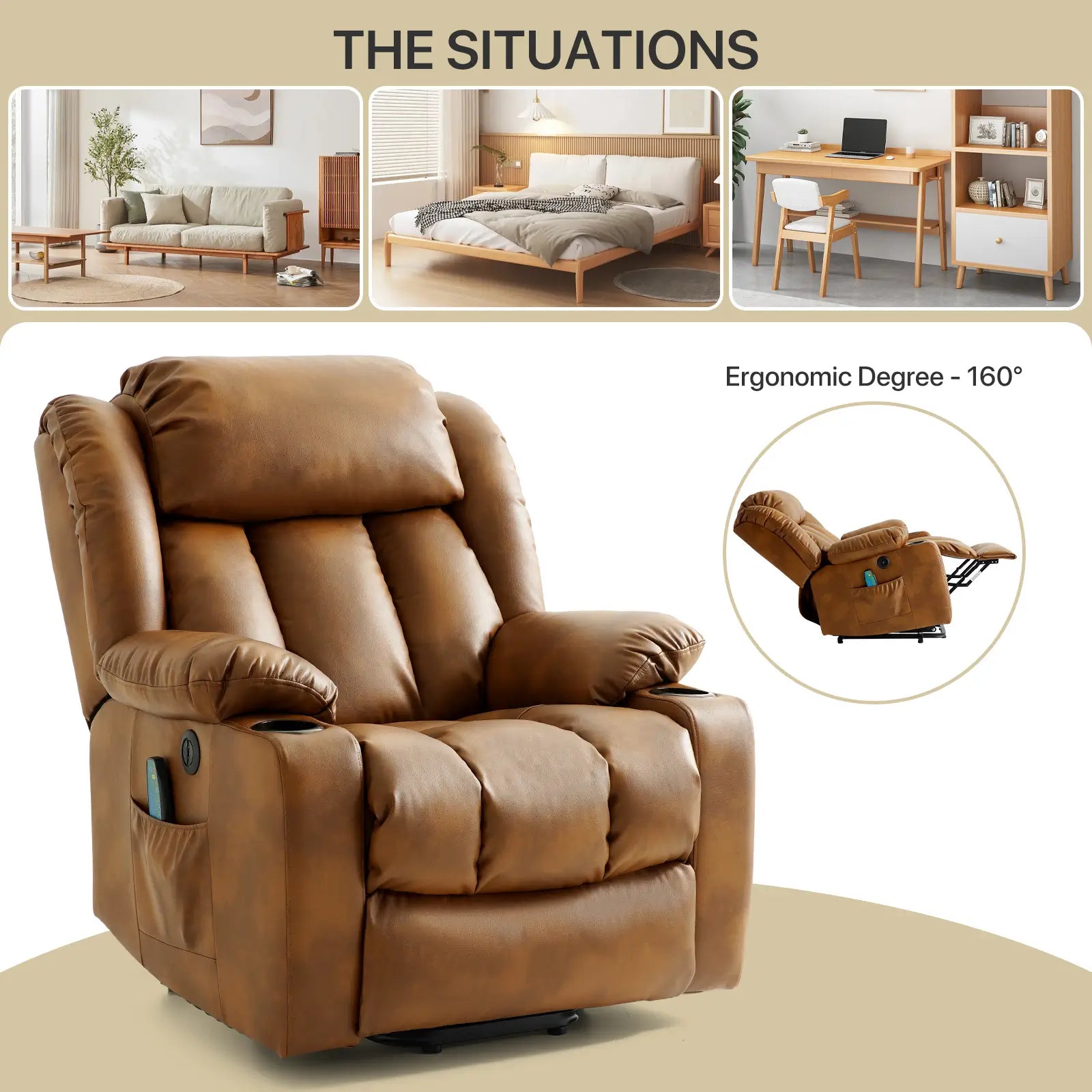 Large Lift Recliner Chair with Heat and Massage Multi-scenario application#Color_Light Brown