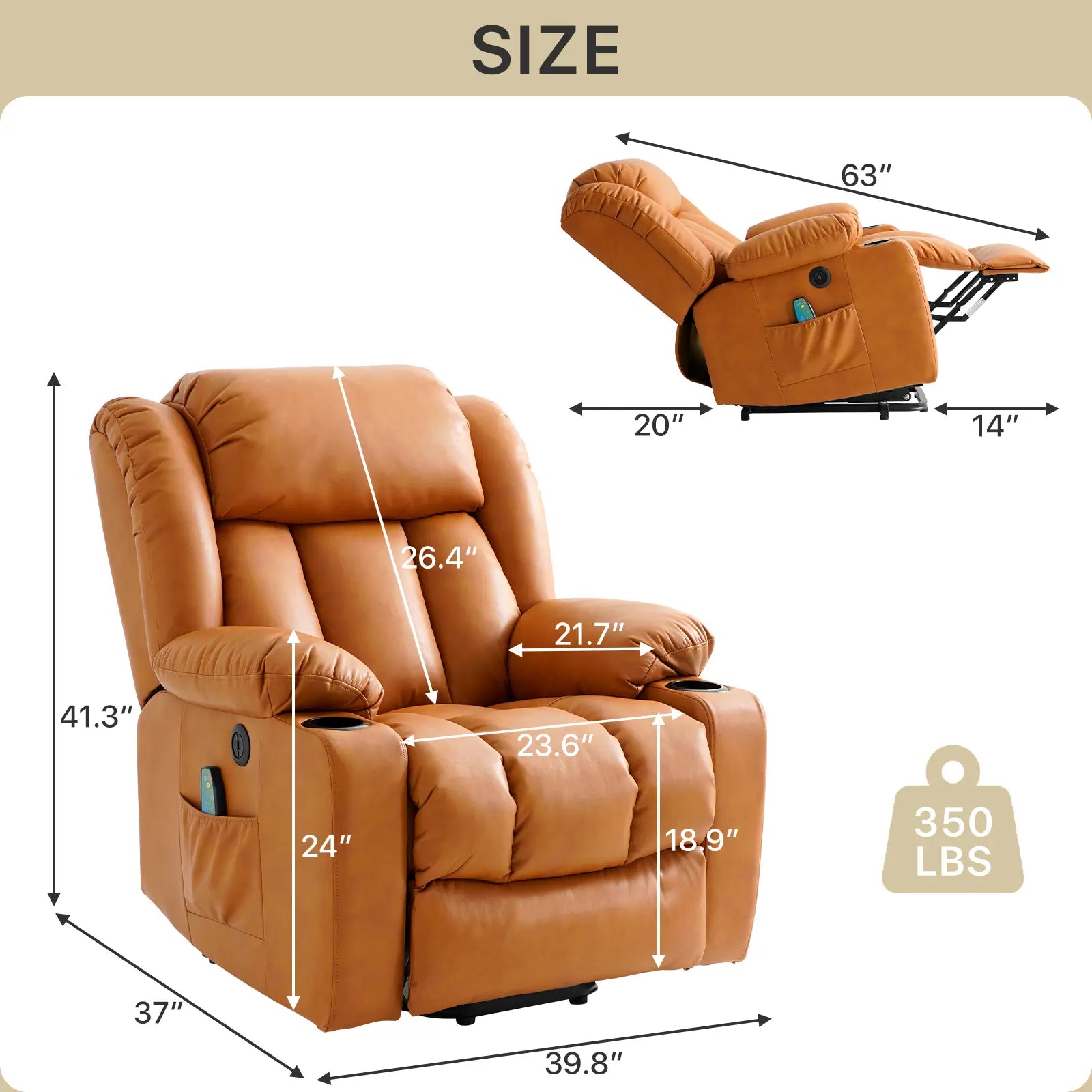 Large Lift Recliner Chair with Heat and Massage Size#Color_Orange