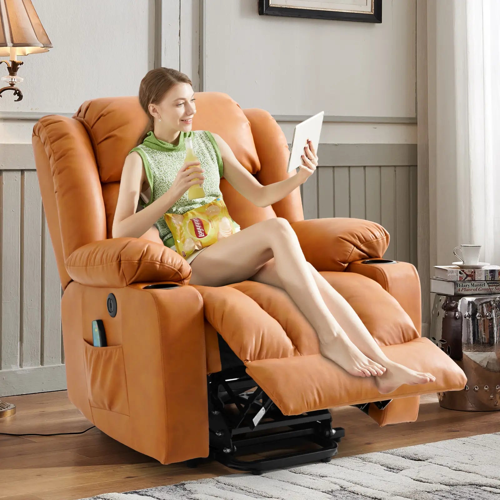 Large Lift Recliner Chair with Heat and Massage#Color_Orange