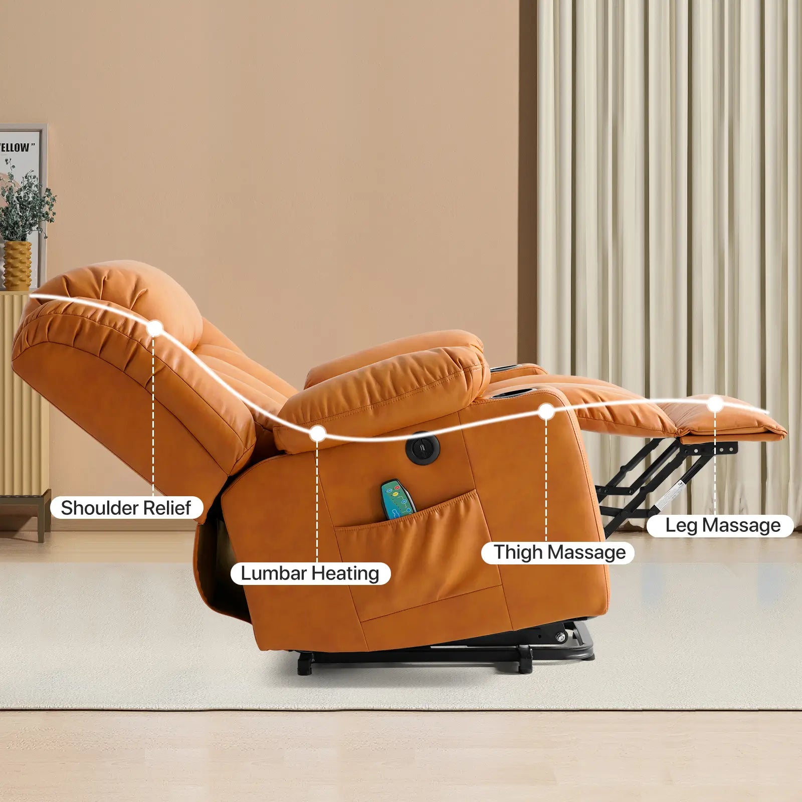 Large Lift Recliner Chair with Heat and Massage Ergonomic Design#Color_Orange